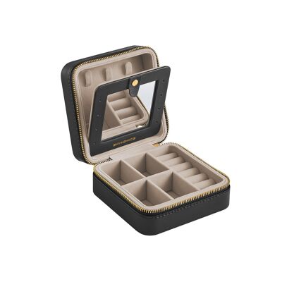 Joyero con espejo y funda de PU, ideal para regalar, en tonos negros – 11,4 x 11,4 x 5,5 cm
