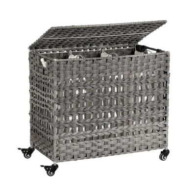 Cesto portabiancheria intrecciato a mano con 3 scomparti - 66 x 35 x 60,5 cm