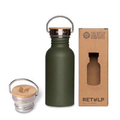 Borraccia in acciaio resistente con tappo in bambù - Bottiglia urbana da 500 ml Forest Green