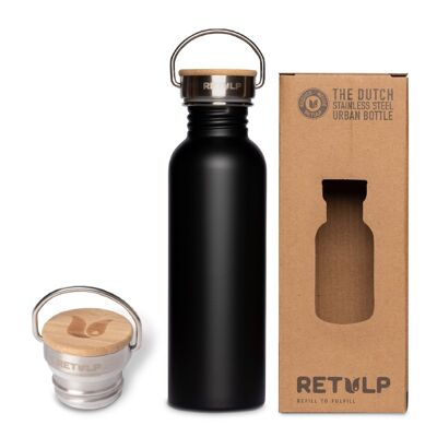 Robuste Trinkflasche aus Stahl mit Bambusverschluss - Urban Bottle 750ml Night Black