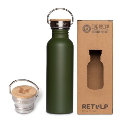 Robuste Trinkflasche aus Stahl mit Bambusverschluss - Urban Bottle 750ml Forest Green