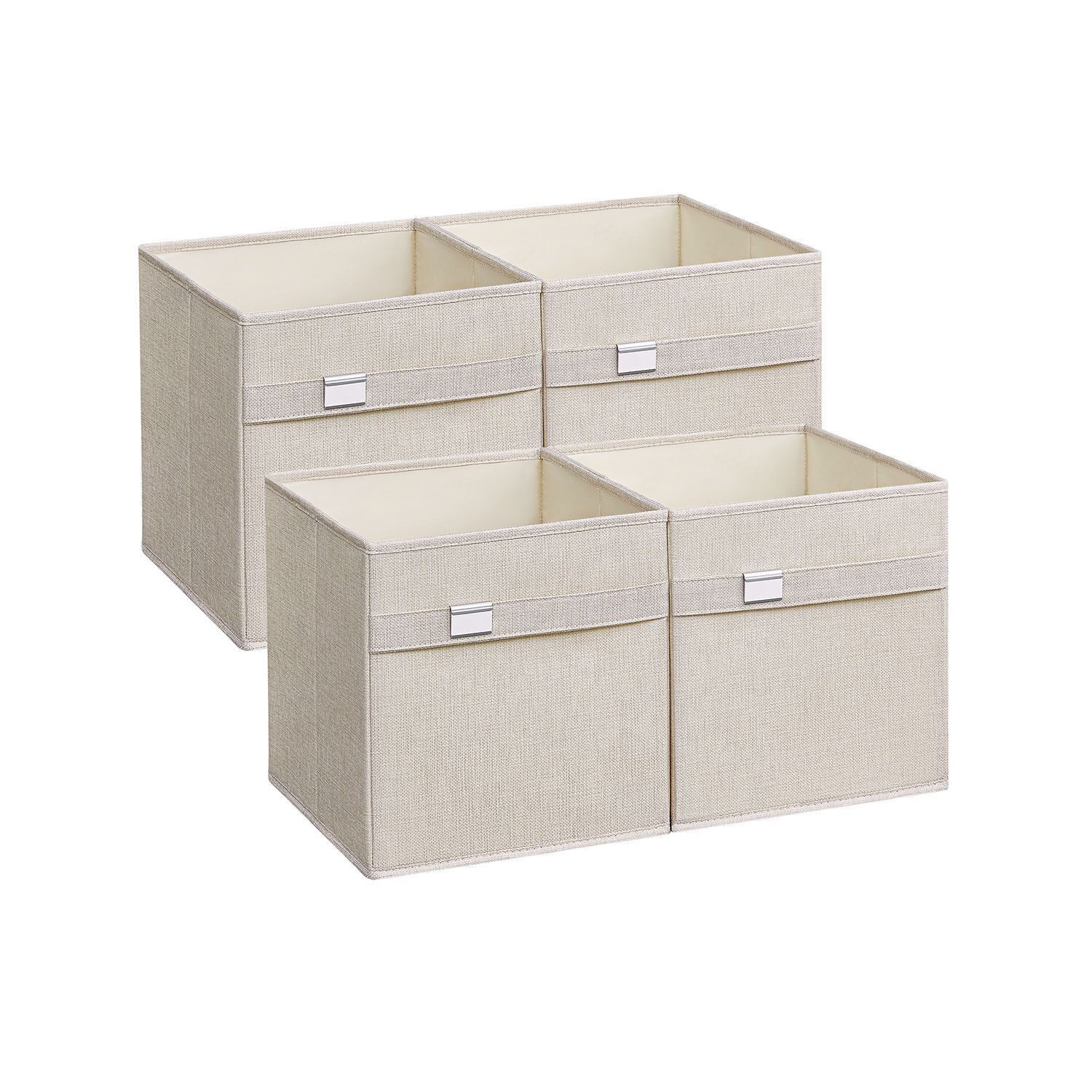 Set di 4 scatole portaoggetti in tessuto Oxford e simil lino, bianco nuvola - 33 x 33 x 33 cm