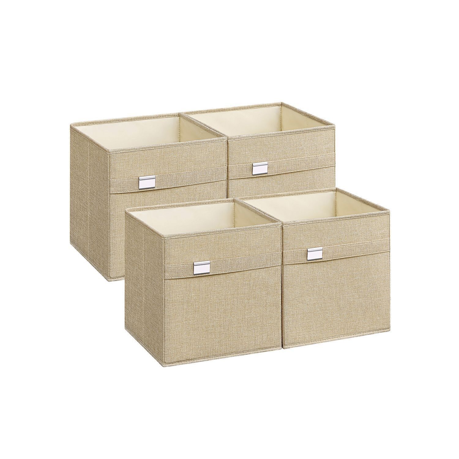 Set di 4 scatole portaoggetti in tessuto Oxford e simil lino color beige sabbia - 33 x 33 x 33 cm