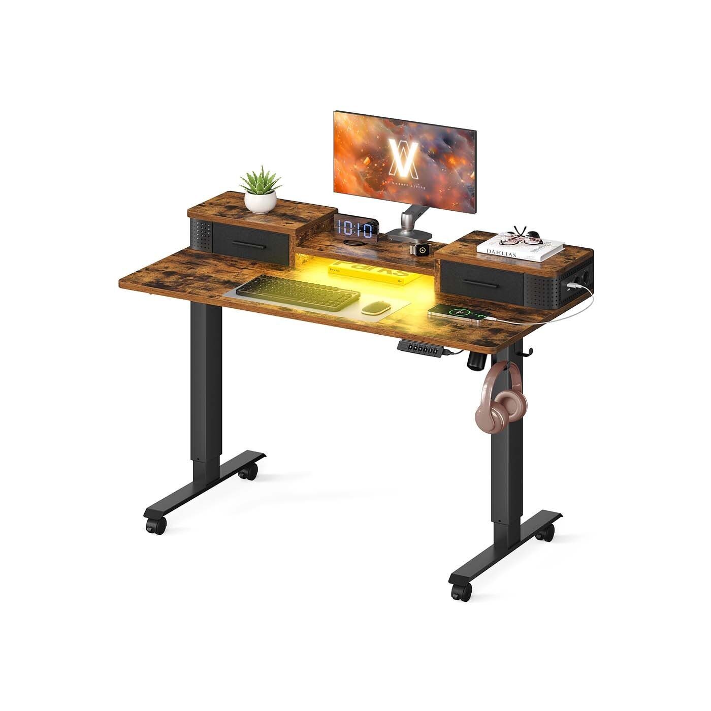 Scrivania elettrica regolabile in altezza con supporto per monitor marrone vintage