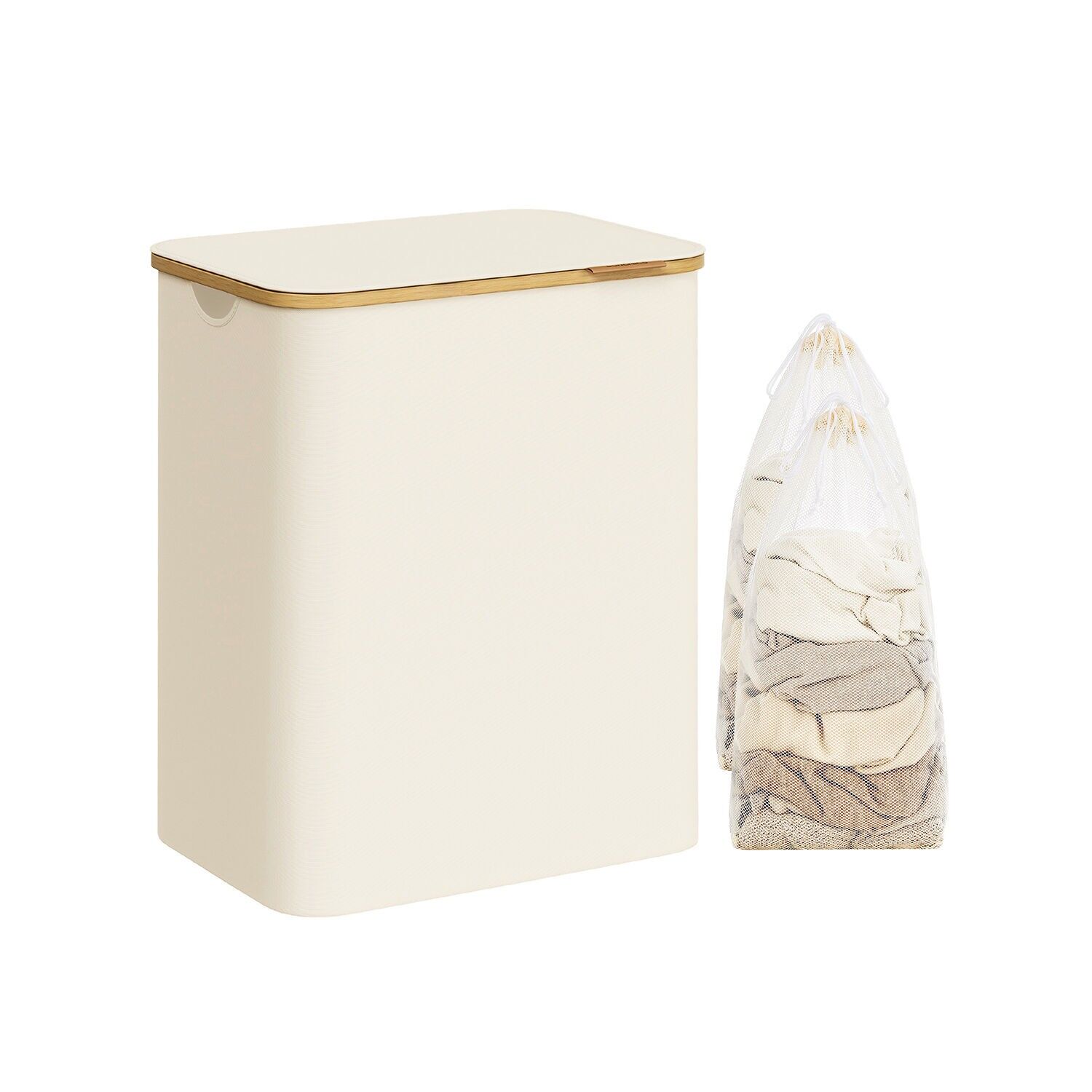 Cesto portabiancheria con 2 scomparti e coperchio, bianco crema