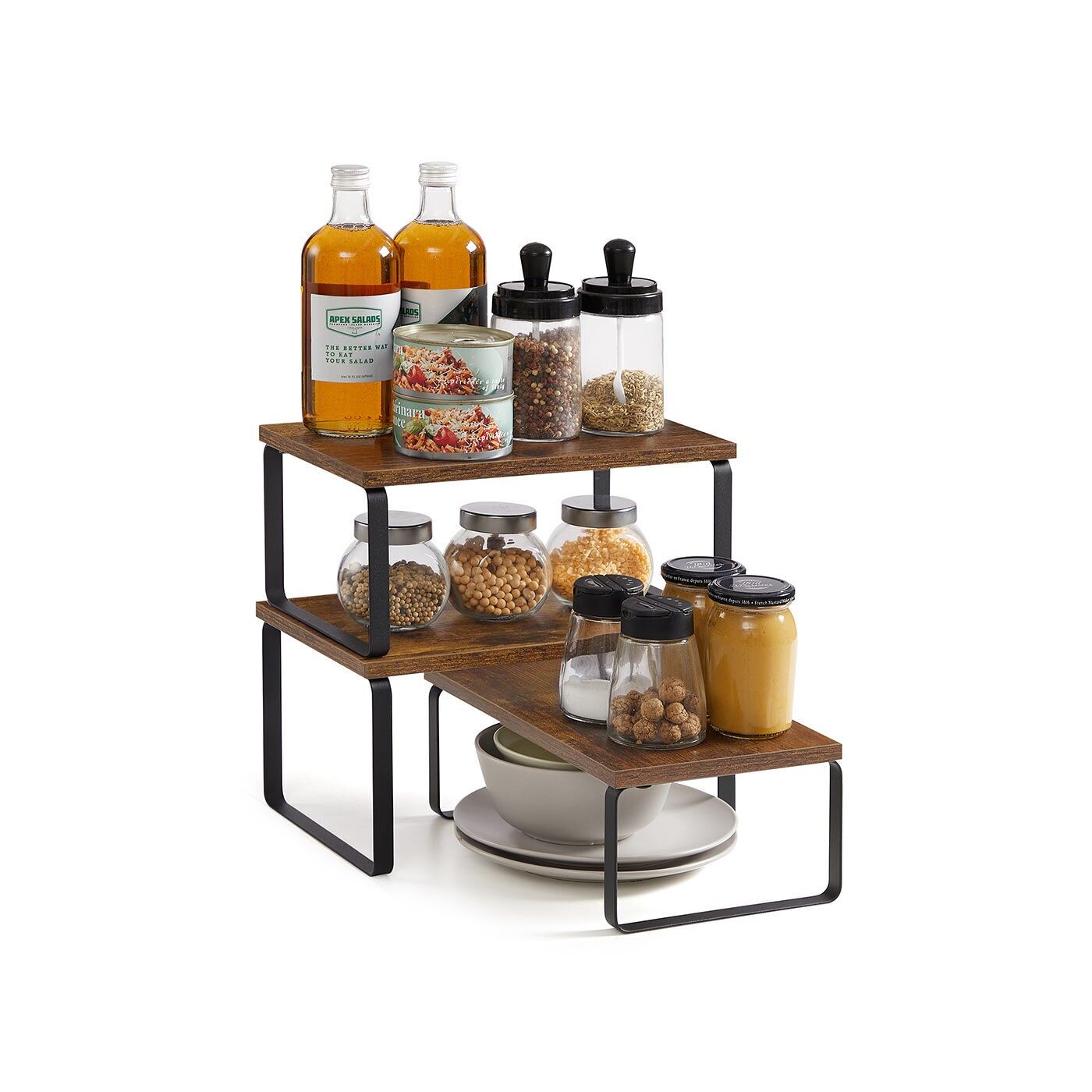 Set porta spezie con 3 aste impilabili e barra estensibile marrone vintage nero opaco - 19,5 x 29,7 x 15,8 cm