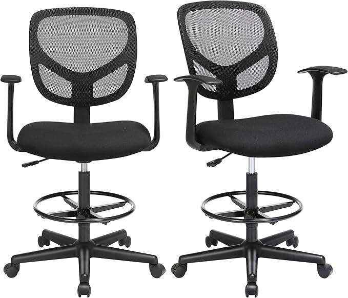 Set di 2 sedie da scrivania ergonomiche con braccioli, altezza seduta 55-75 cm, anello di supporto regolabile, portata 120 kg, nero