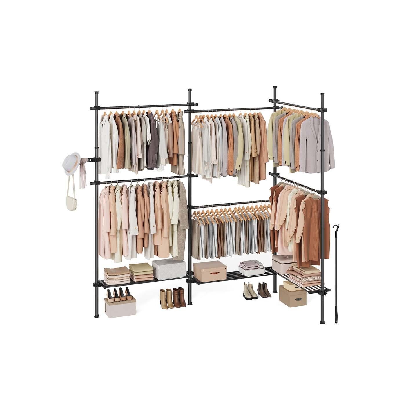 Appendiabiti telescopico con 6 aste e 3 pannelli neri opachi - 33,5 x 240 x 208 cm