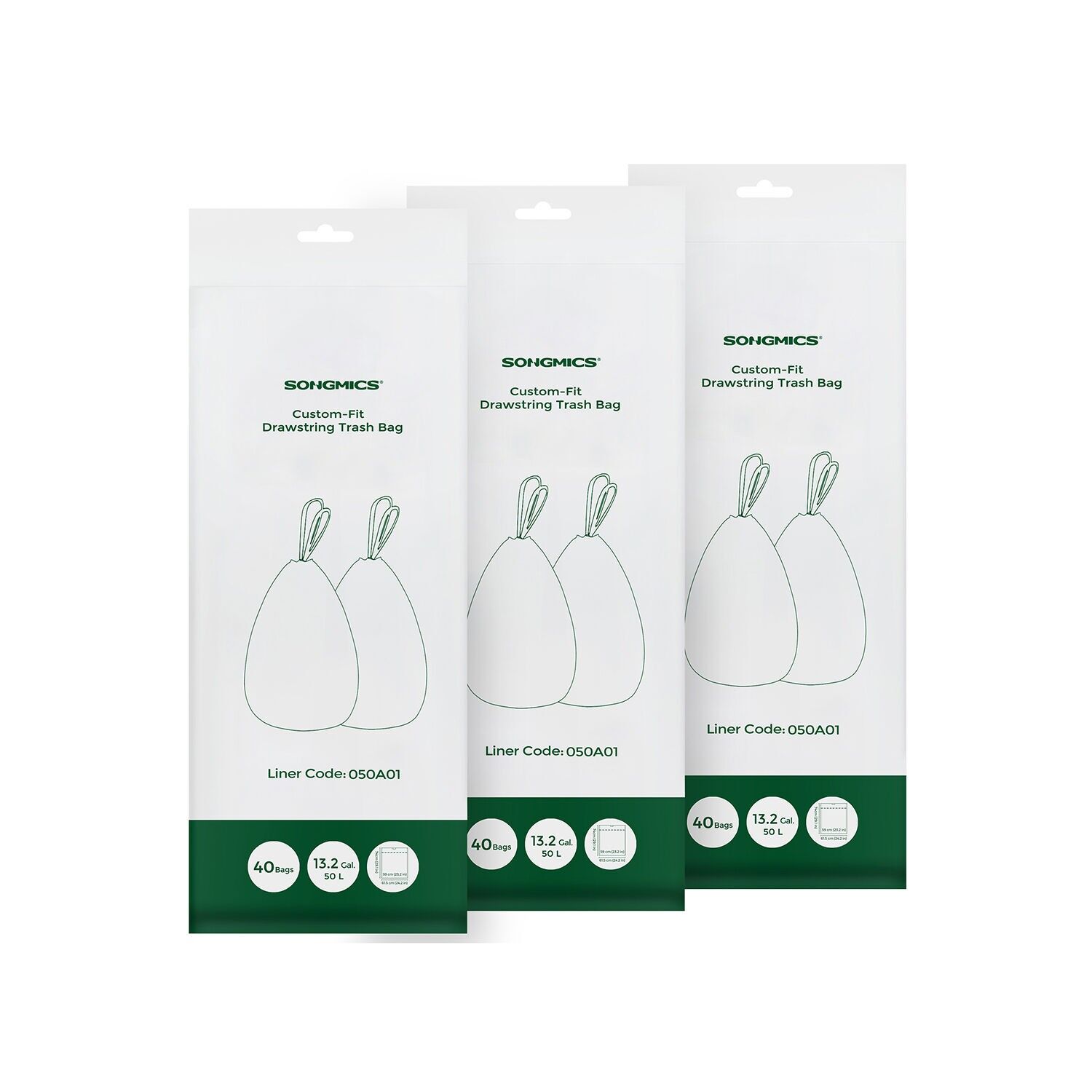 Sacchetti per la spazzatura con coulisse, sacchi per la spazzatura per bidoni della spazzatura da 50 litri, sacchi per la spazzatura per bidoni della spazzatura da cucina, codice 050A01, 3 rotoli, totale 120 pezzi.