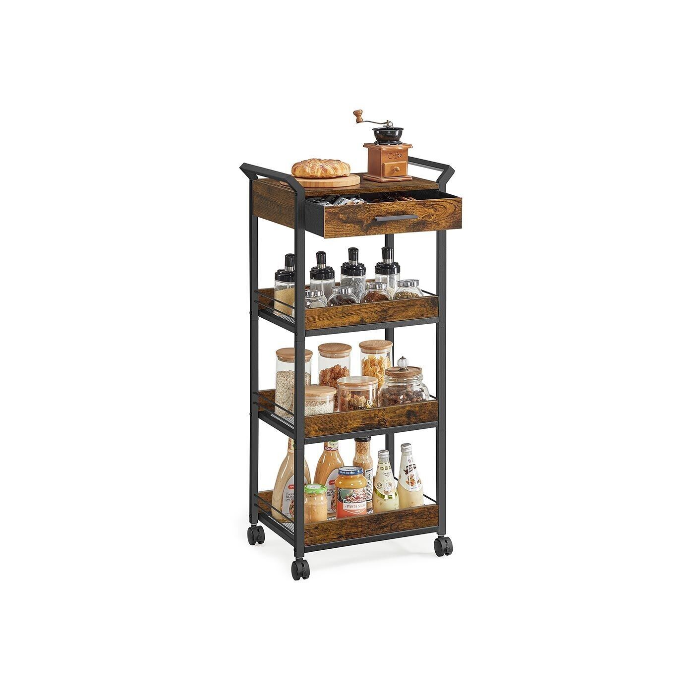 Carrello da cucina con 4 gambe e ruote in marrone-nero vintage - 30 x 46,2 x 96,1 cm