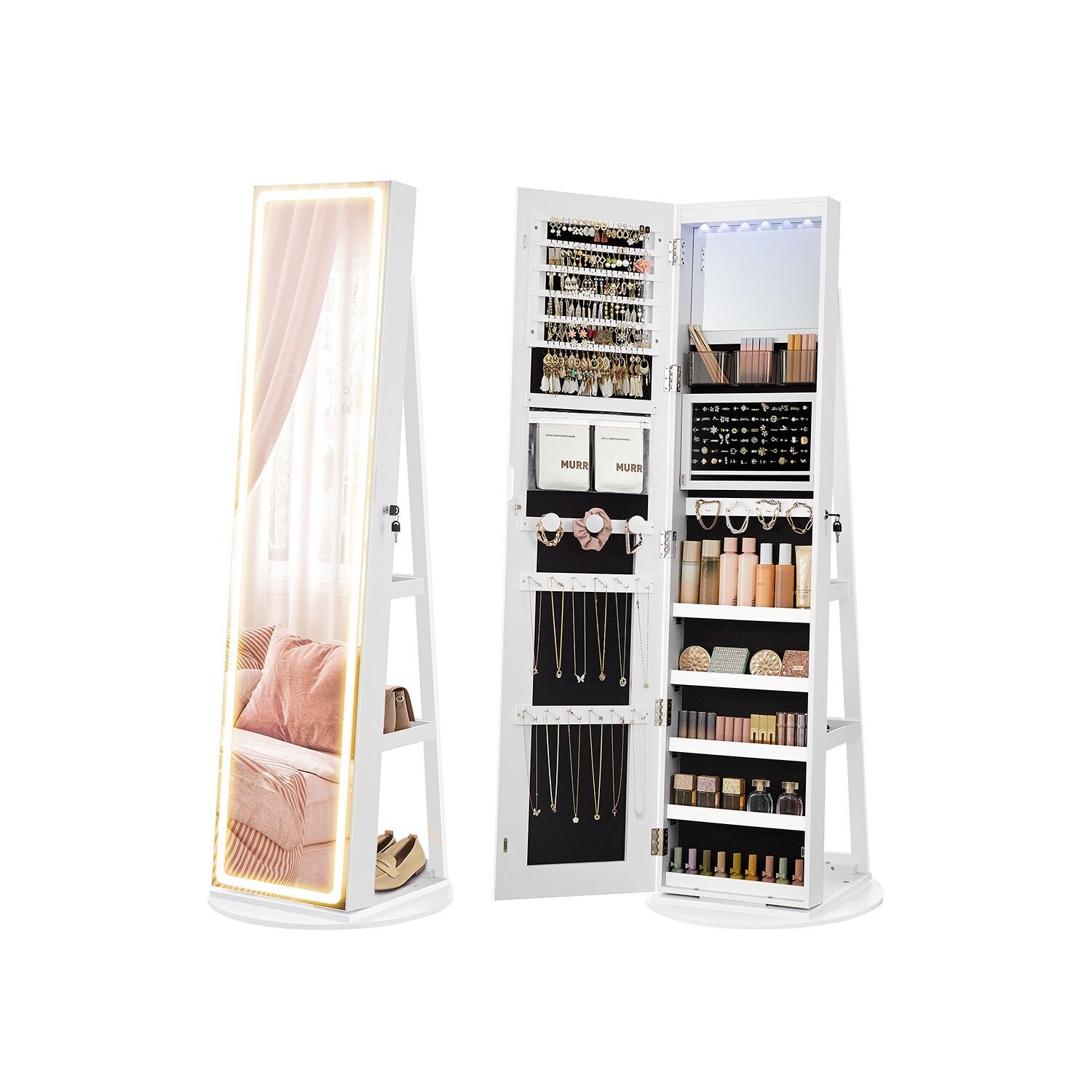 Mobile portagioielli con illuminazione a LED e specchio, bianco, nuvola – 55 x 55 x 159 cm