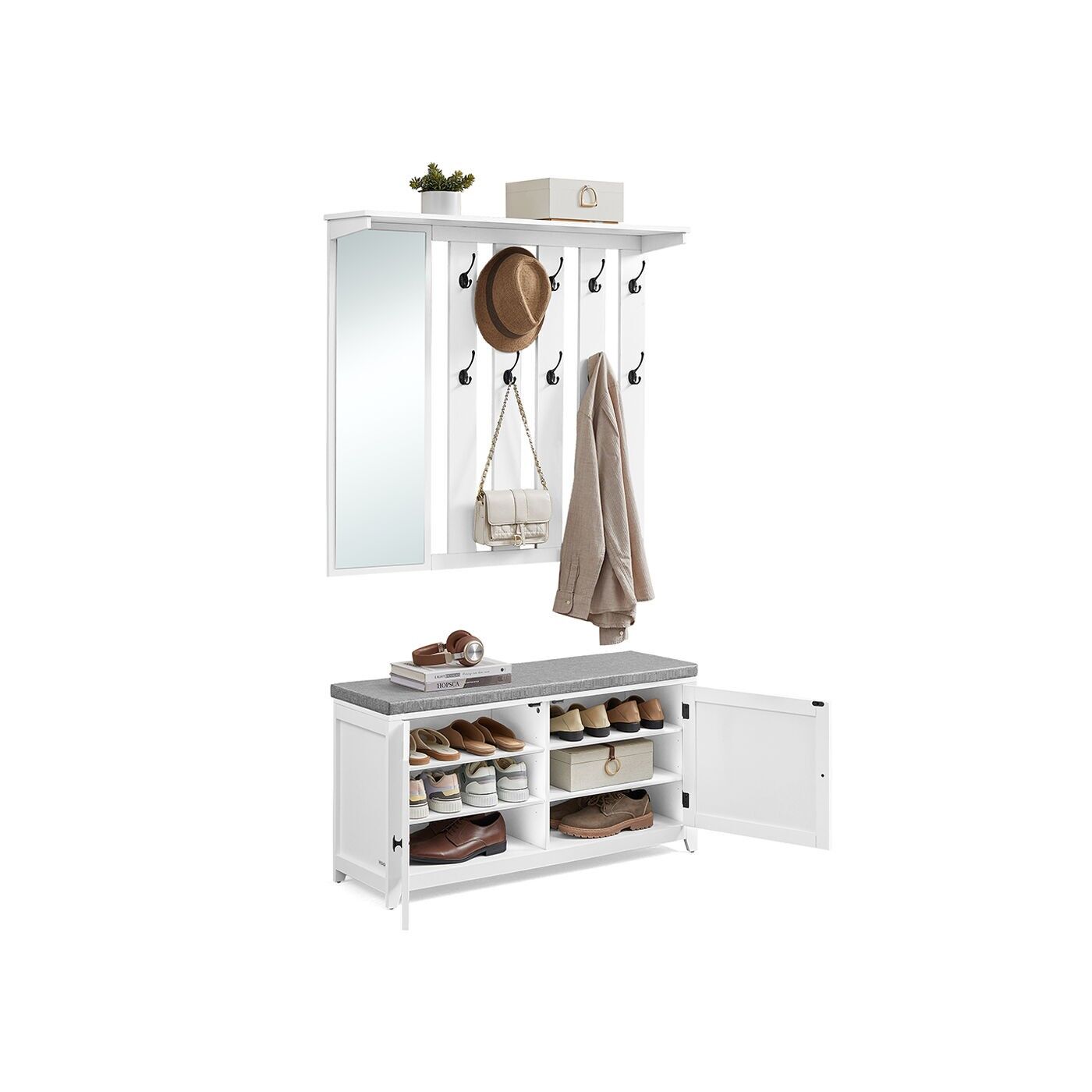 Set appendiabiti da parete con panca portascarpe e 10 ganci doppi 102 cm