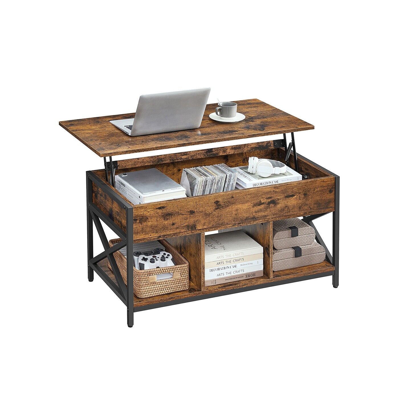 Tavolino da caffè con asta regolabile in altezza e lati aperti in marrone-nero vintage - 50 x 100 cm