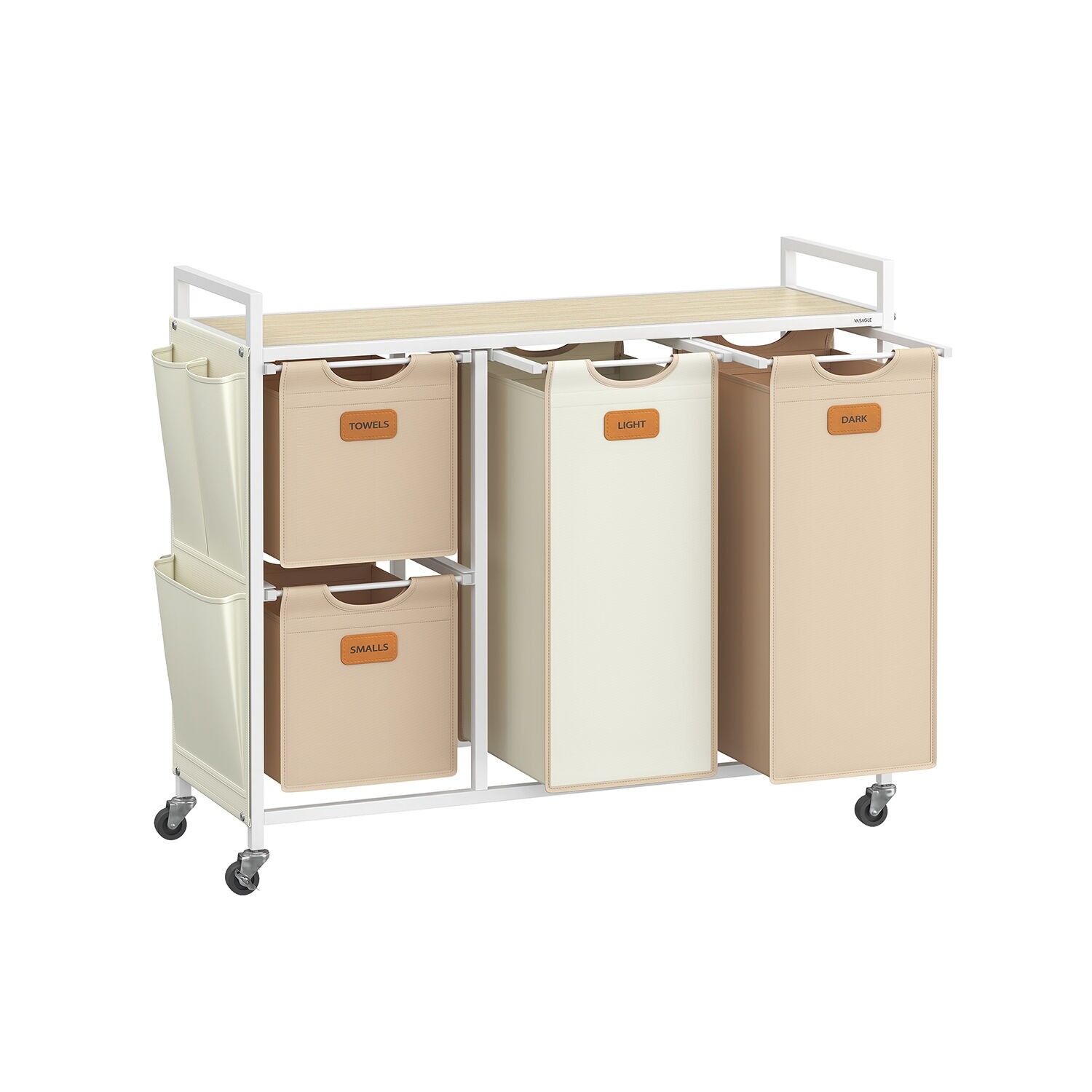 Cesto portabiancheria con 4 scomparti, beige naturale, marrone cammello e bianco crema - 98,6 x 33 x 80,5 cm