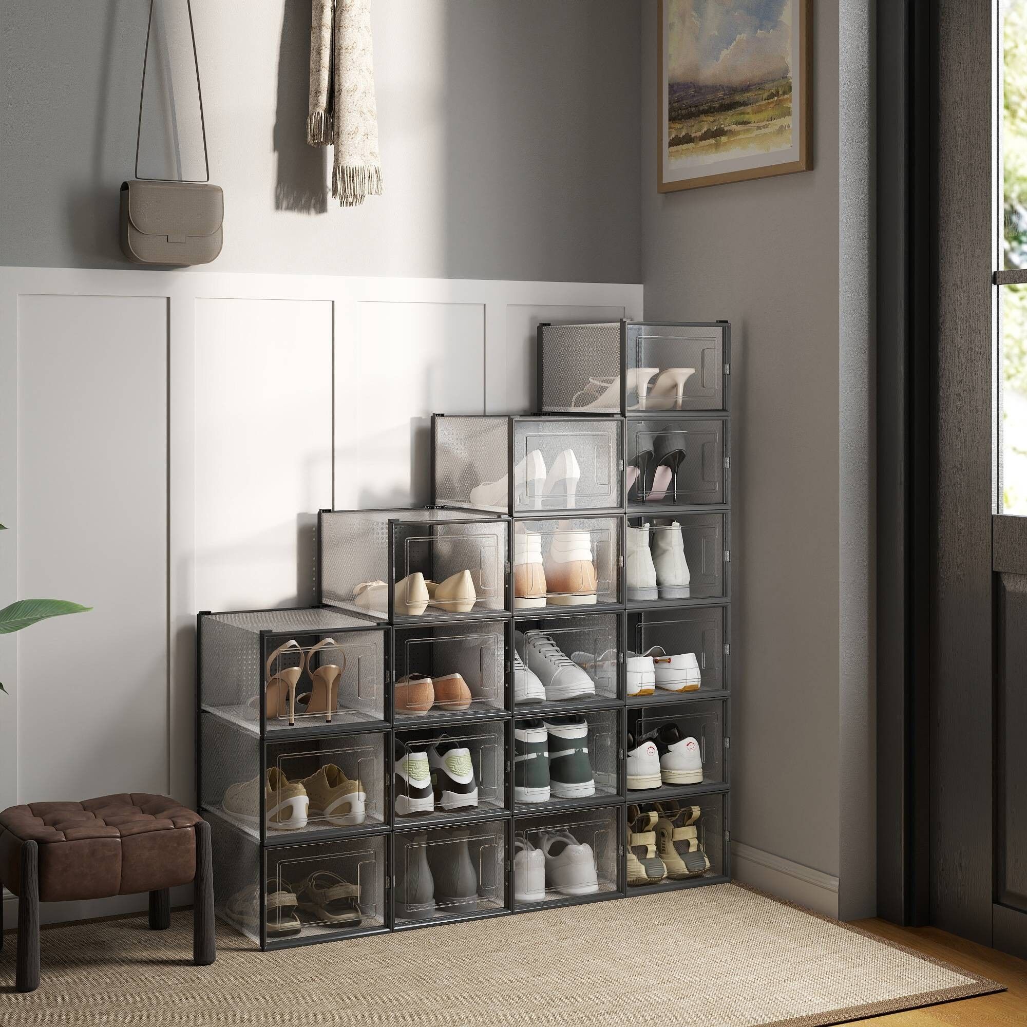 Set di 18 scatole per scarpe, contenitore per scarpe in plastica - 35 x 25,0 x 18,5 cm