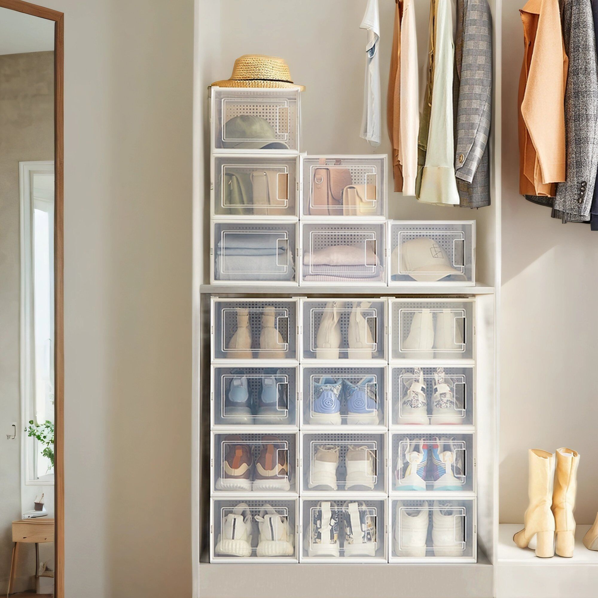 Set di 18 scatole per scarpe, contenitori per scarpe in plastica - 35 x 25 x 18,5 cm