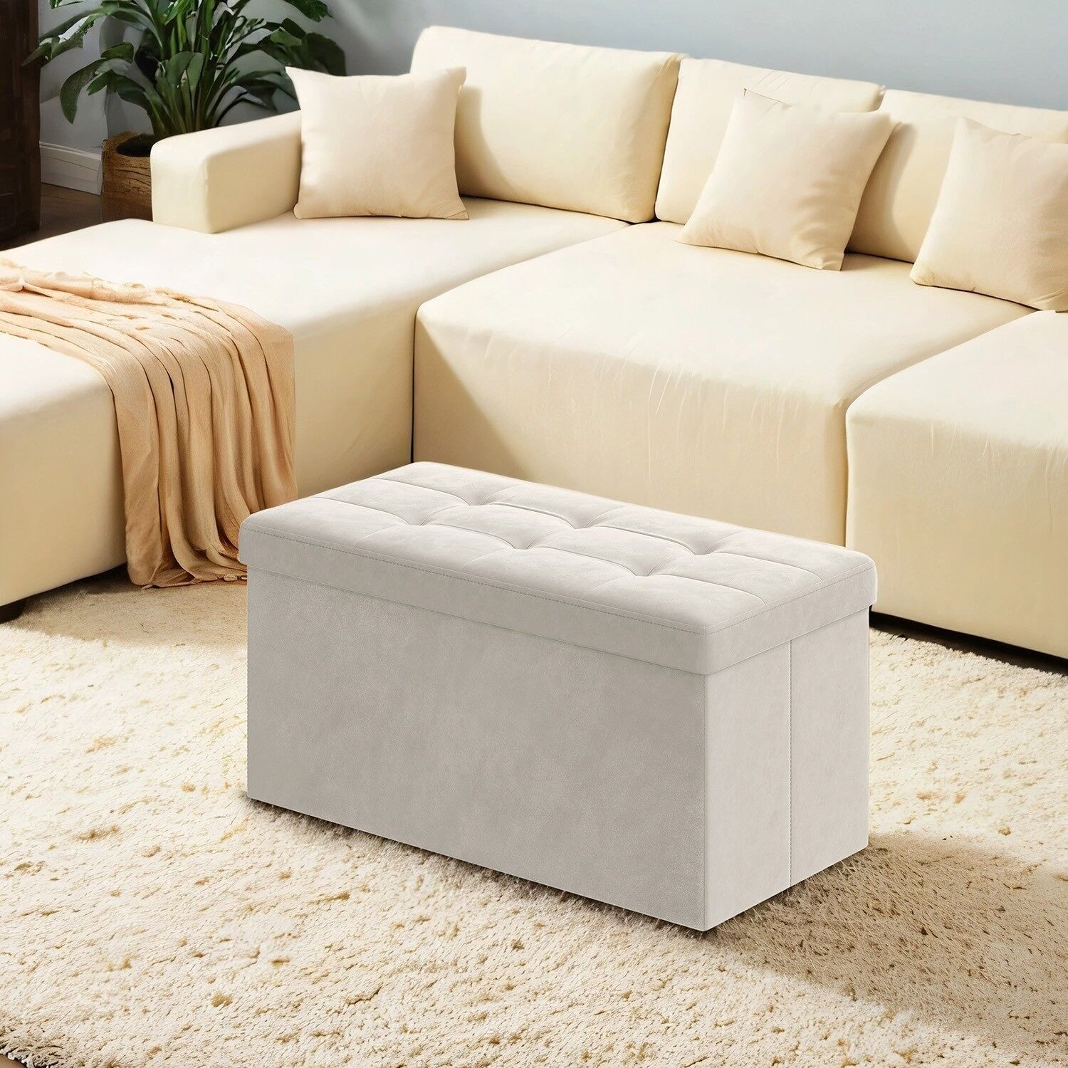 Panca in velluto con vano contenitore, 38 x 76 x 38 cm, panca pieghevole 4 pezzi.