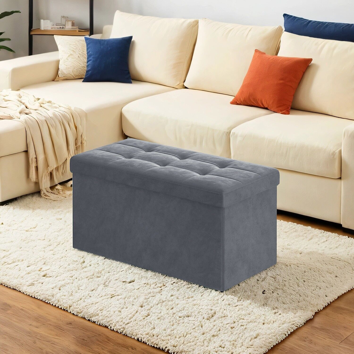 Panca in velluto con vano contenitore, 38 x 76 x 38 cm, panca pieghevole in 2 parti.