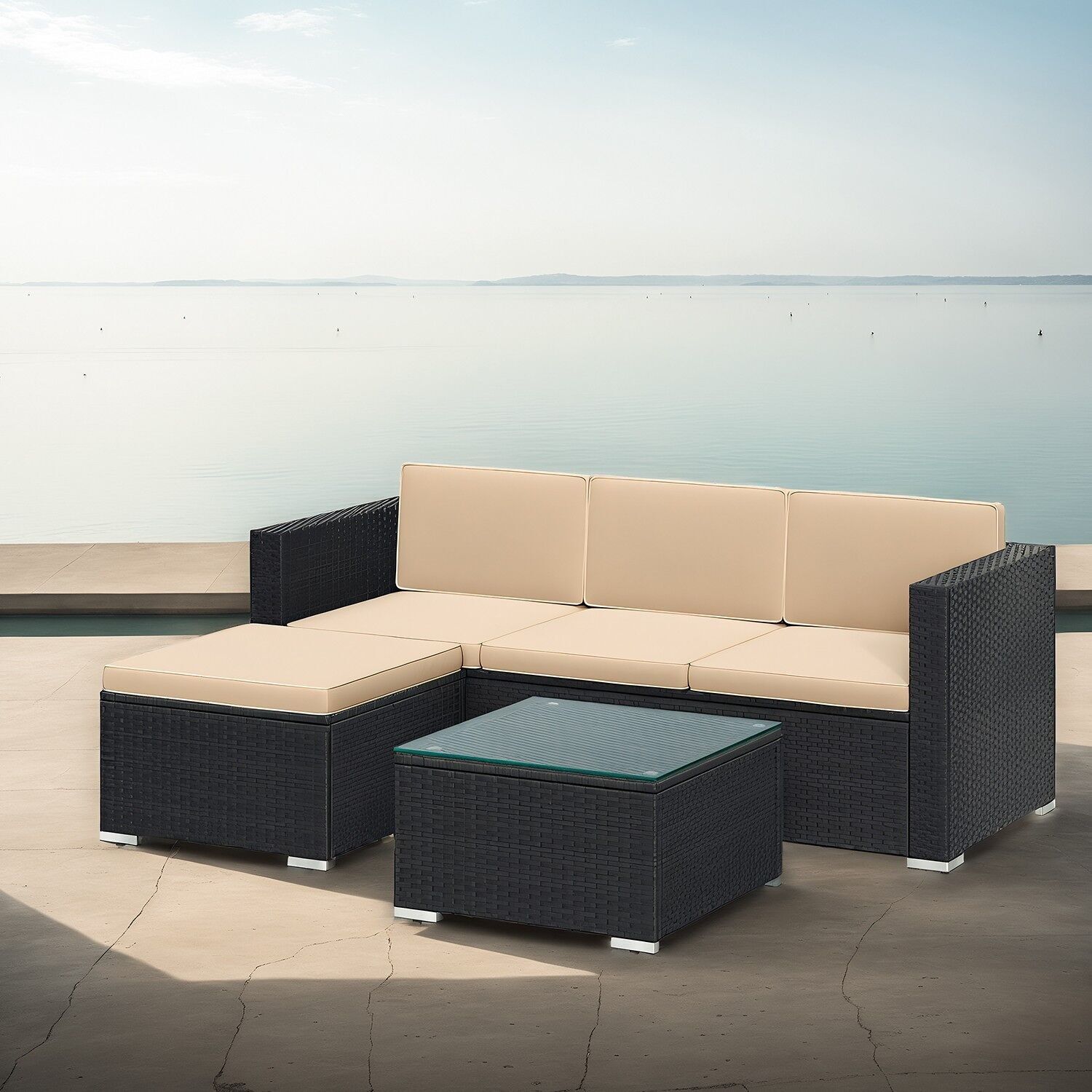 Set di mobili da giardino, mobili da patio in polyrattan PE, mobili da balcone con cuscini e vetro - 173 x 60 x 66 cm