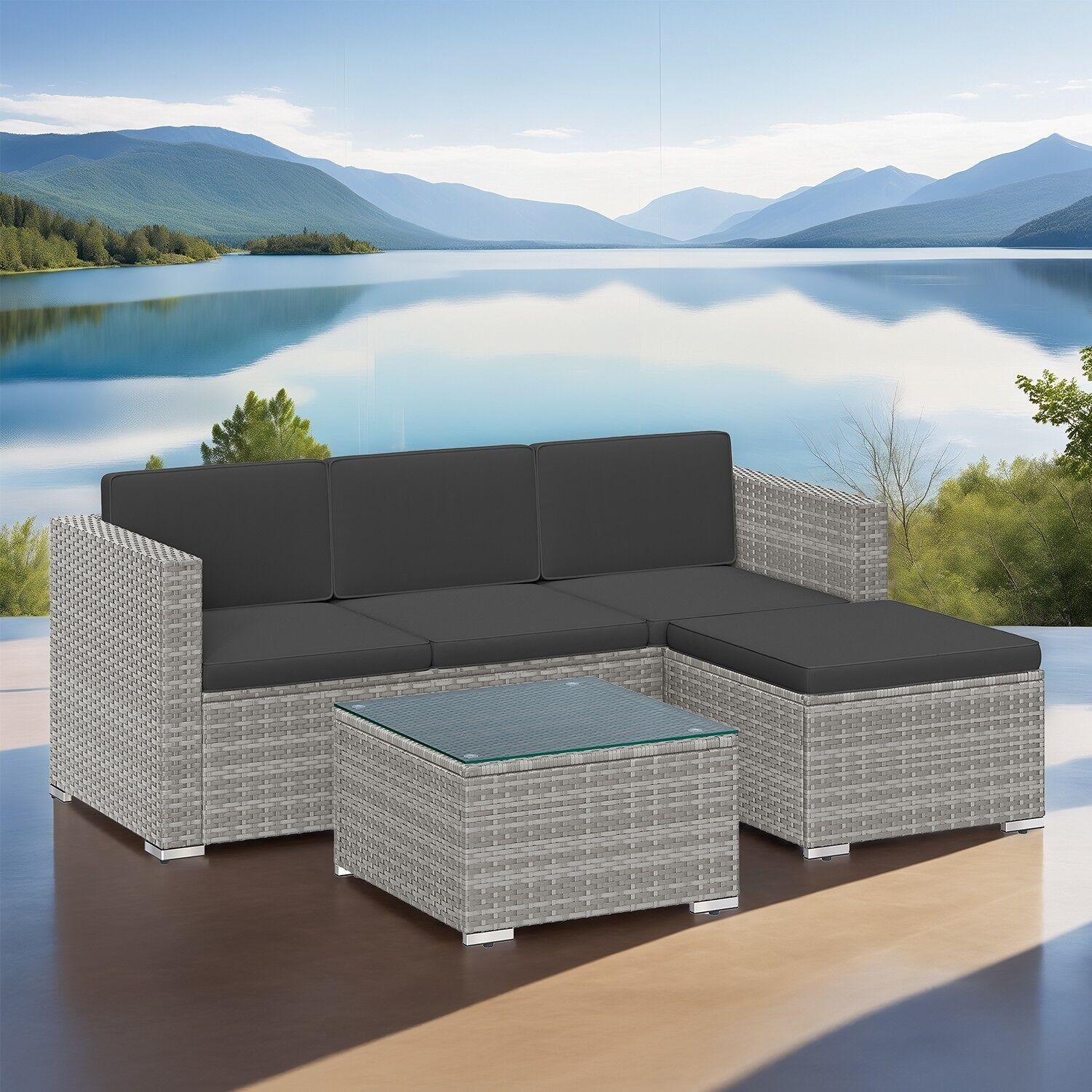 Set di mobili da giardino, mobili da patio in polyrattan PE, mobili da balcone con cuscini e vetro - 60 x 173 x 66 cm