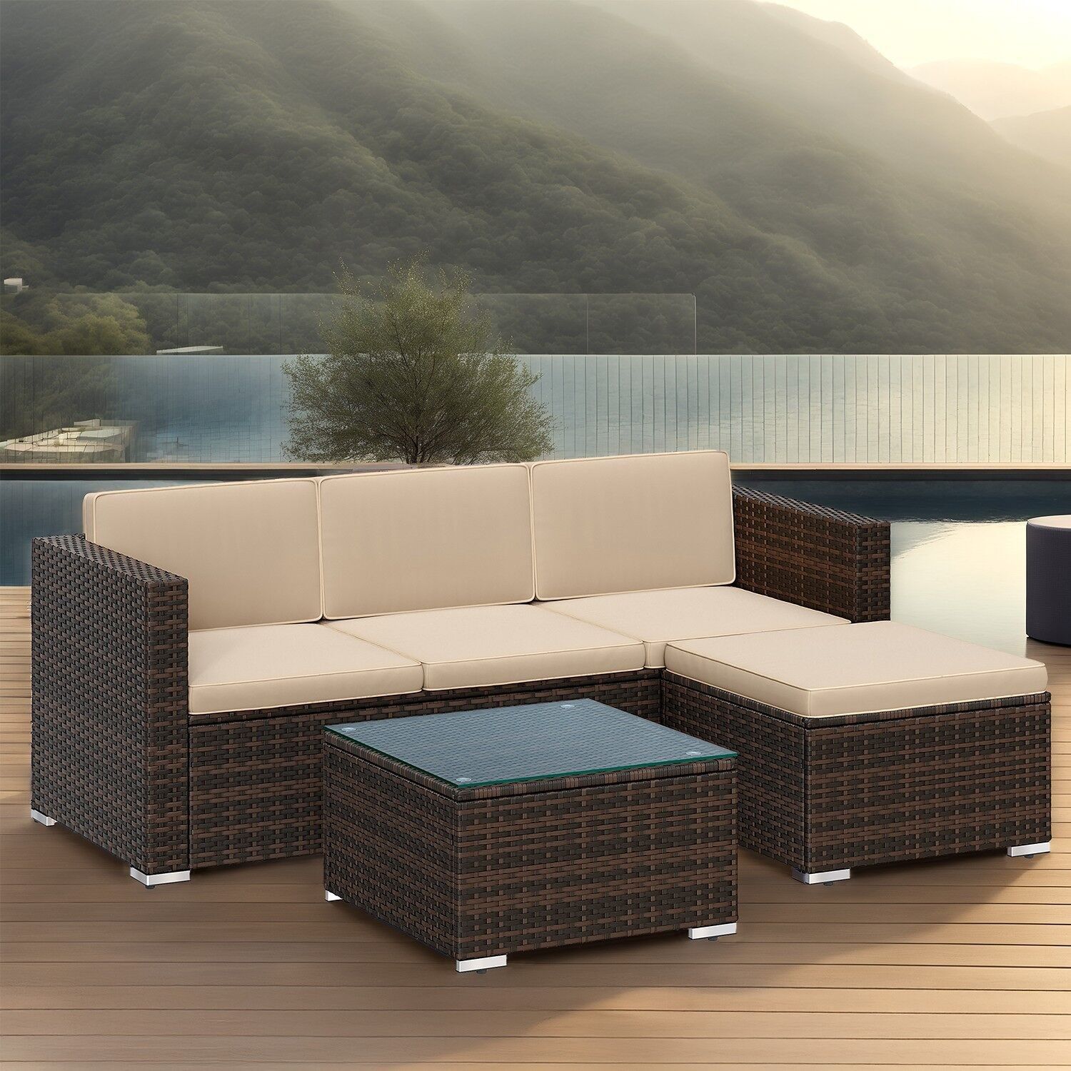 Set di mobili da giardino, mobili da patio in polyrattan PE, mobili da balcone con cuscini e vetro - 173 x 60 x 66 cm 1