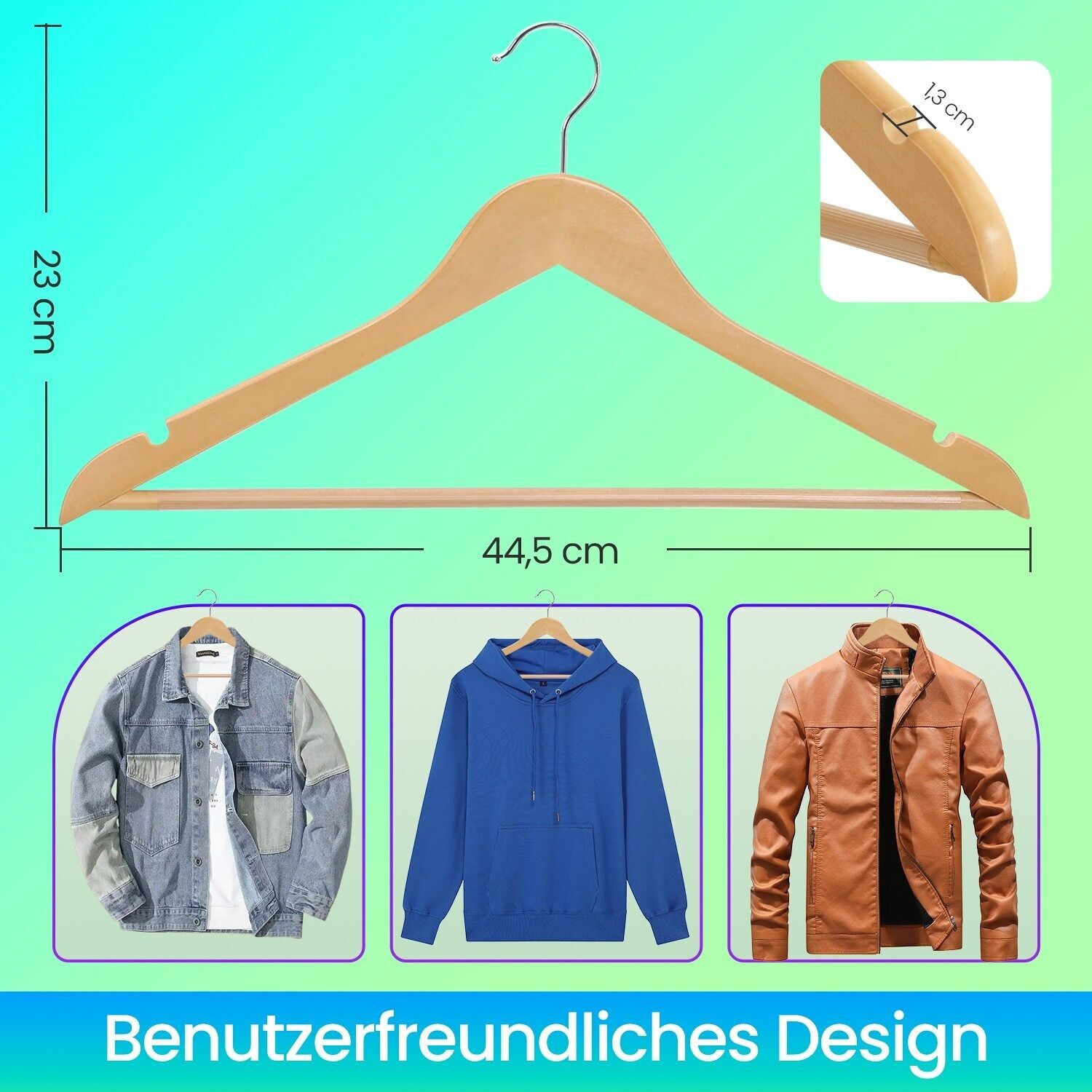 Set di 20 grucce in legno, grucce in legno massello - 44,5 x 1,2 x 23 cm