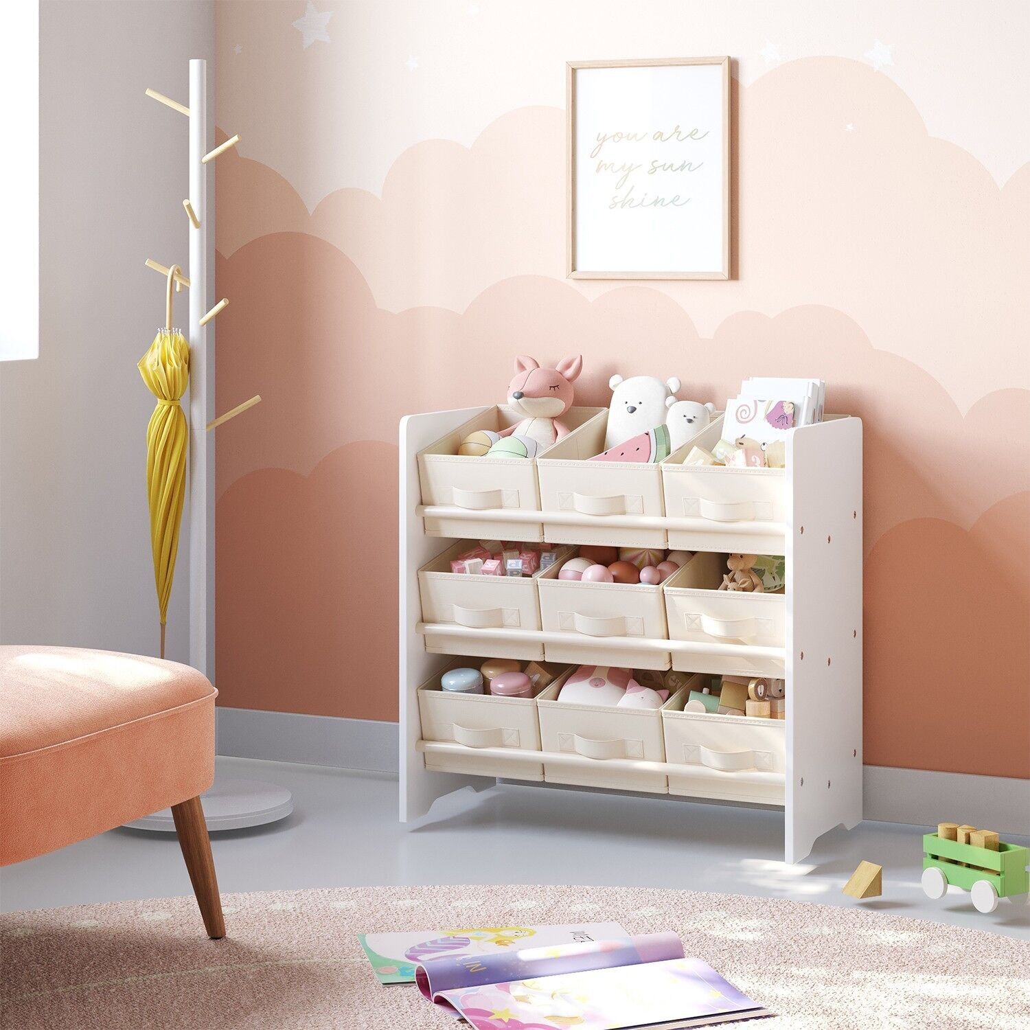 Mensola, libreria, con 9 contenitori portaoggetti in tessuto non tessuto - 29,5 x 62,5 x 60 cm