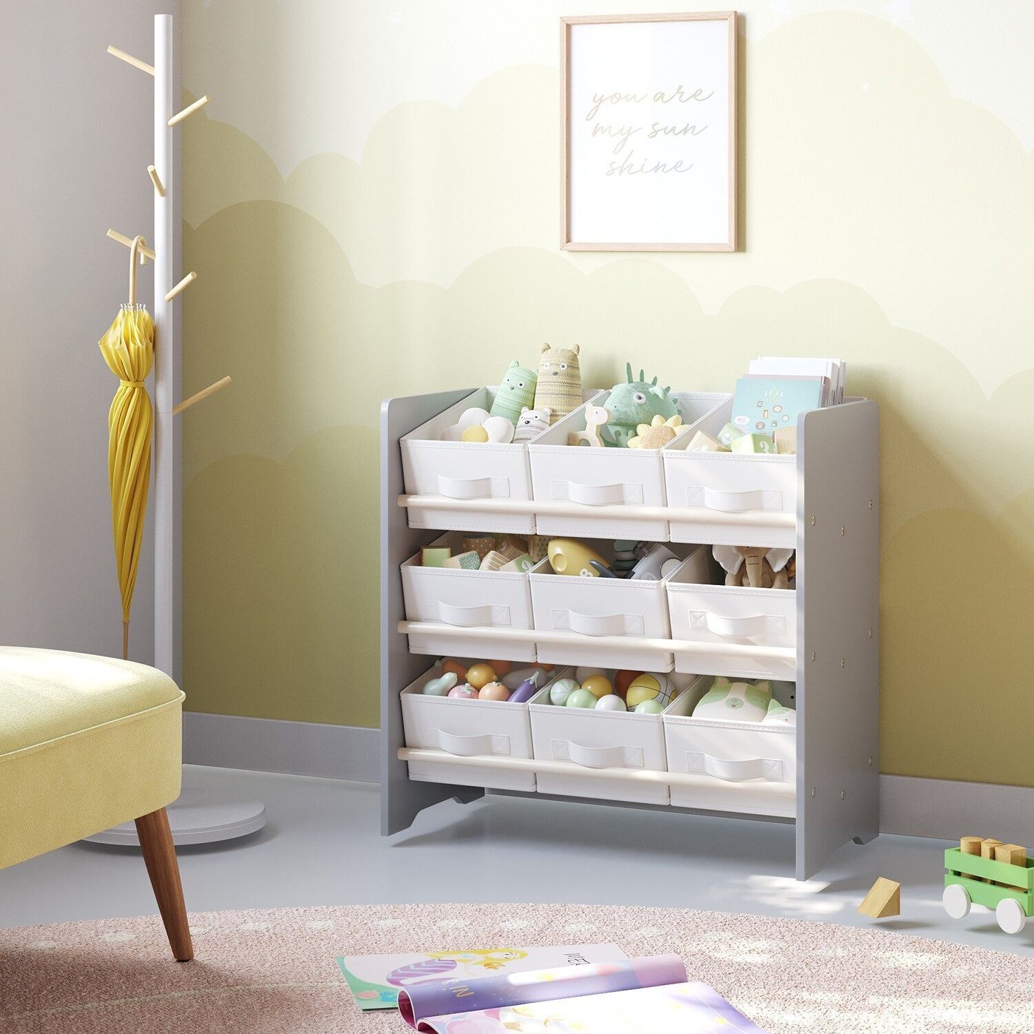 Scaffale, libreria, con 9 contenitori portaoggetti in tessuto non tessuto - 29,5 x 62,5 x 60 cm 1