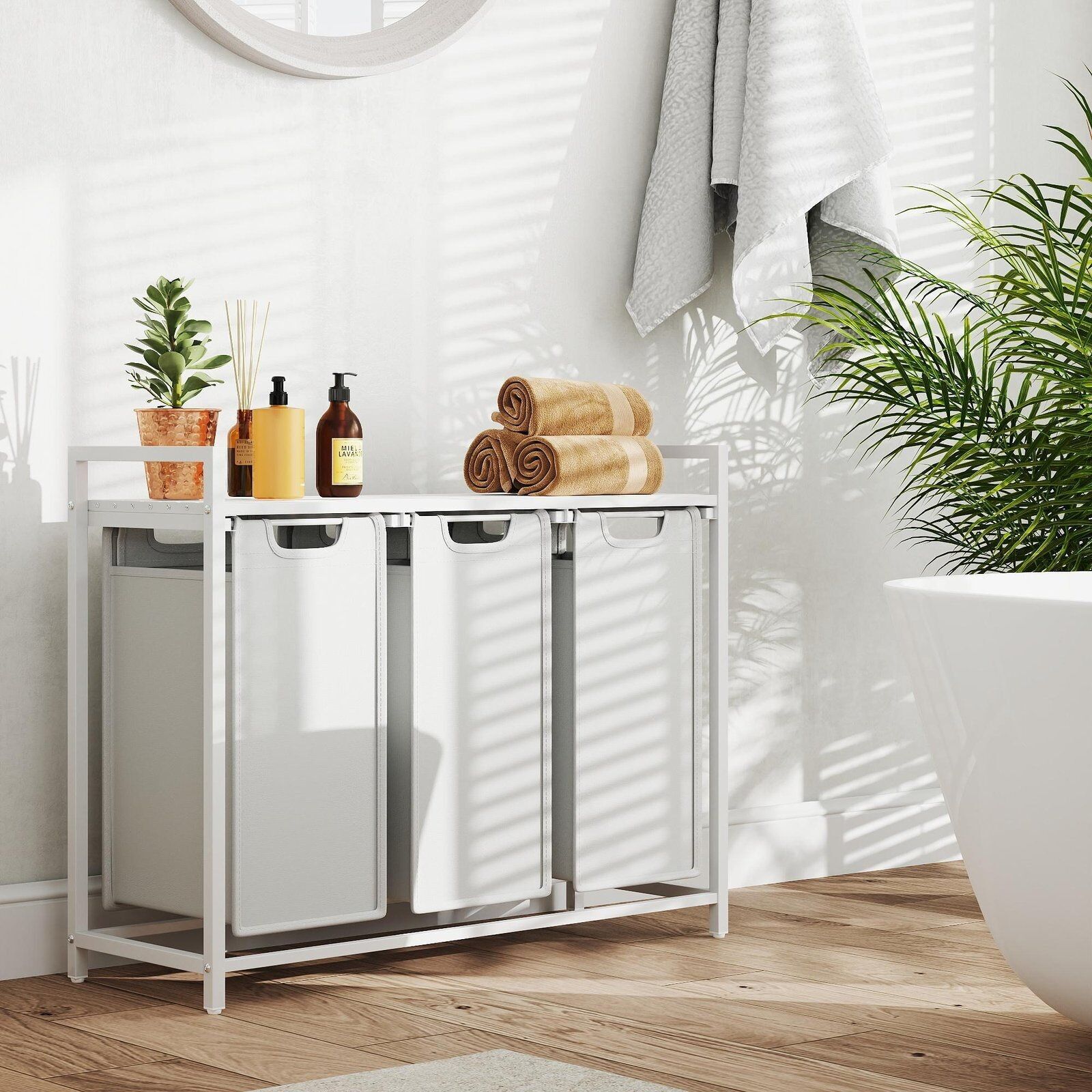 Cesto portabiancheria con 3 scomparti, raccoglitore per biancheria con ripiano, scatola per biancheria - 92,5 x 33 x 72 cm 1