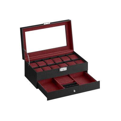 Coffret de montre avec 12 compartiments et couvercle en verre. Couvercle PU noir, doublure bordeaux – 18,5 x 32,5 x 13,5 cm. 1