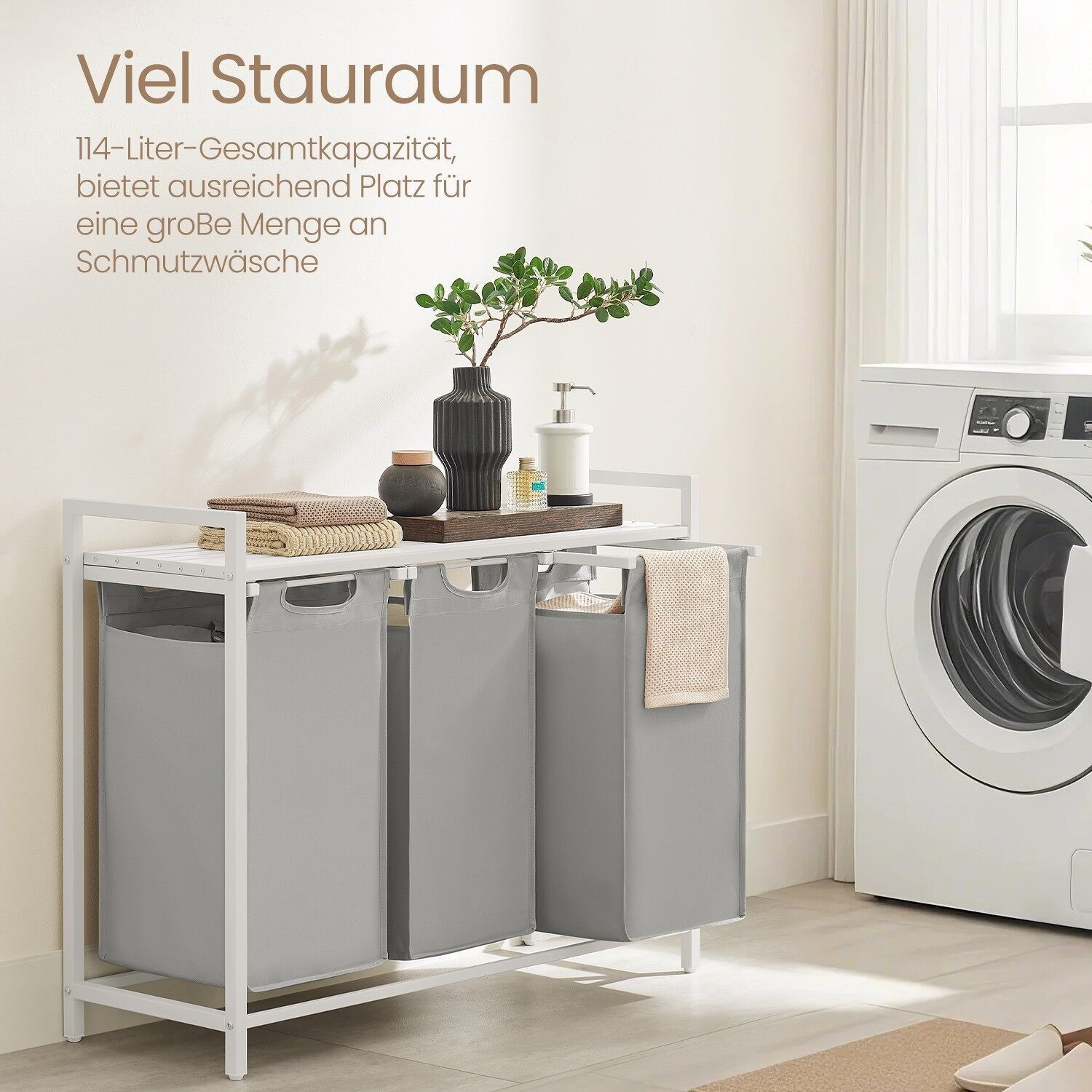 Cesto portabiancheria con 3 scomparti, contenitore portabiancheria con ripiano, scatola portabiancheria - 92,5 x 33 x 72 cm 2 pezzi.