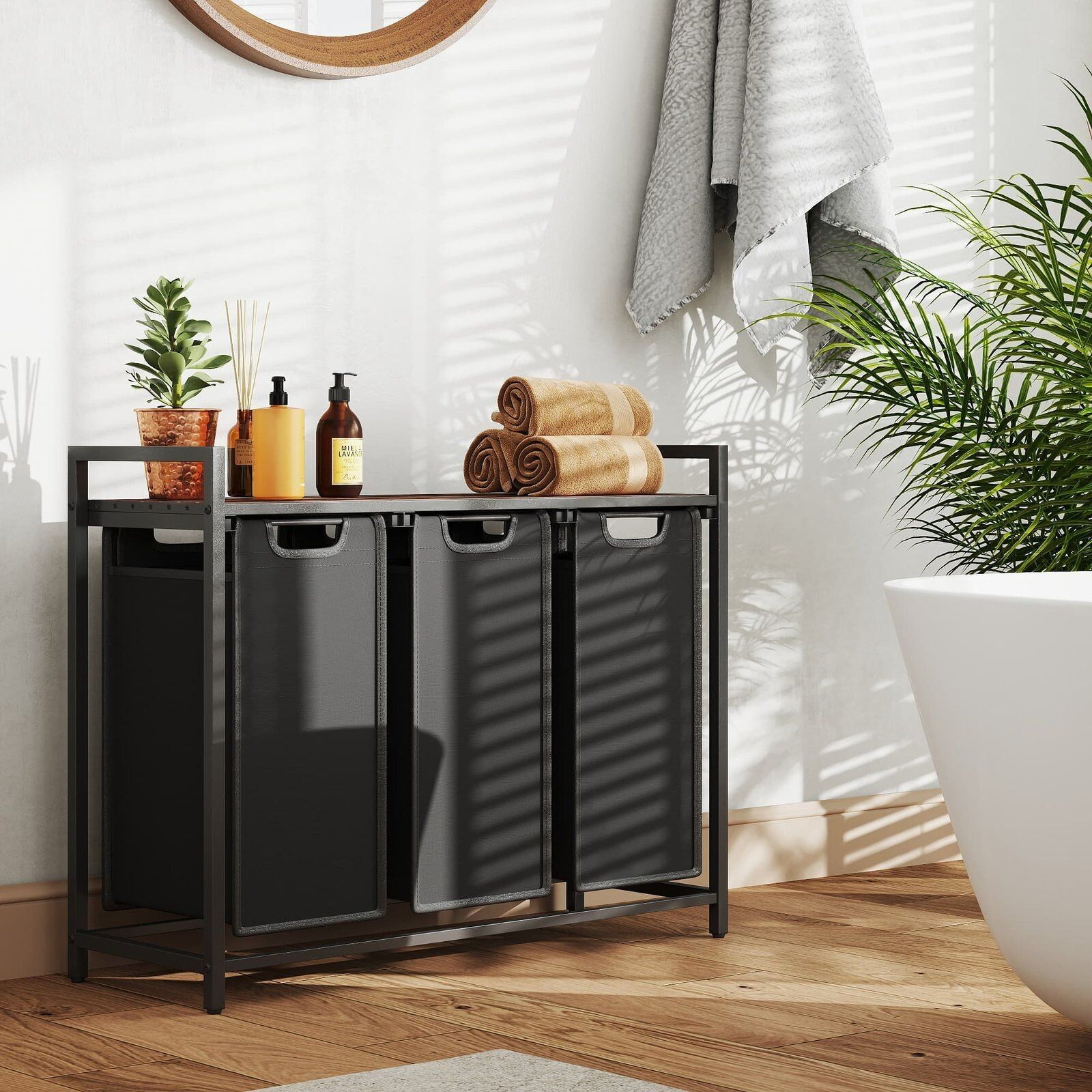 Laundry basket with 3 compartments, laundry collector with shelf, laundry box - 92.5 x 33 x 71 cm