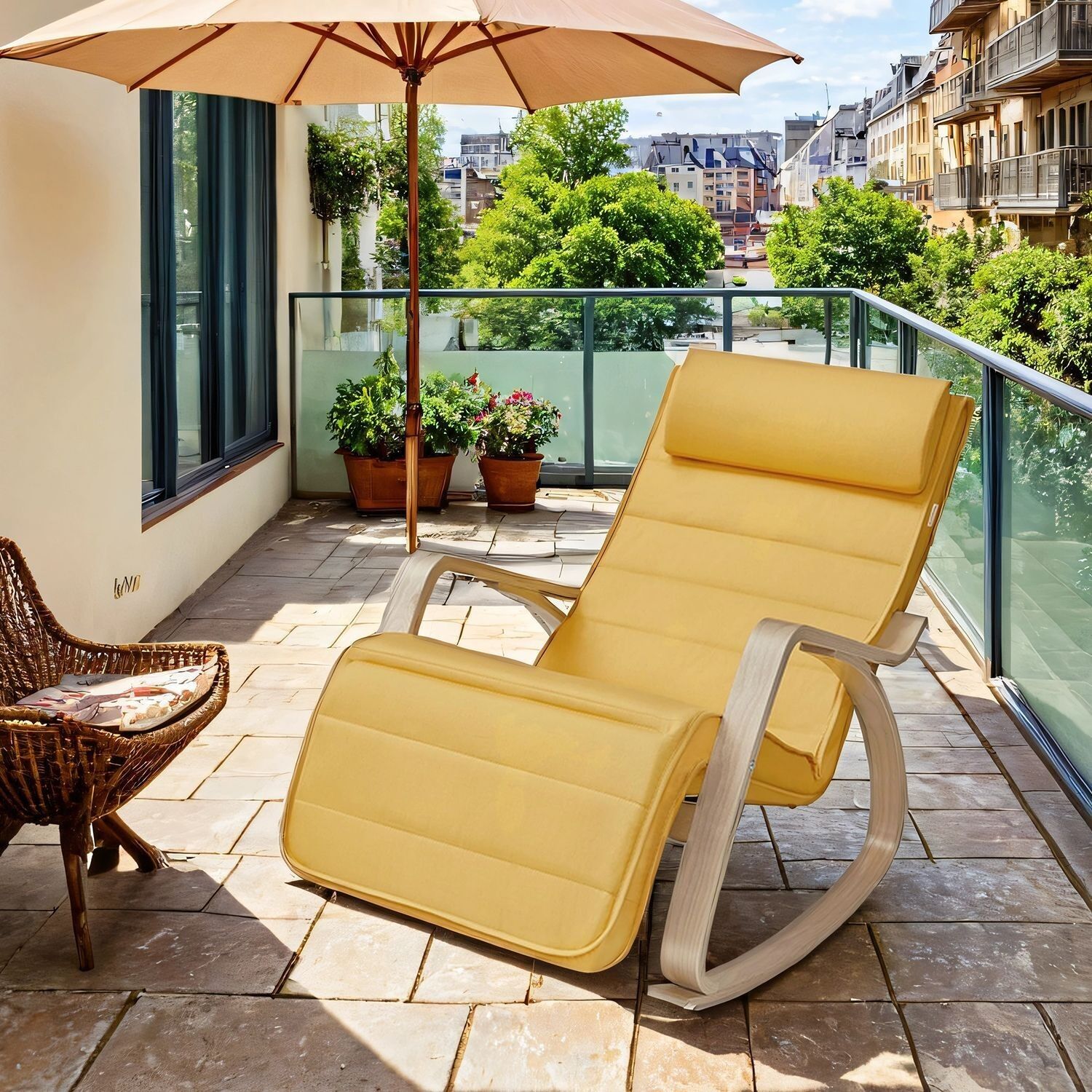 Sedia a dondolo con poggiapiedi regolabili in 5 posizioni, sedia a dondolo con braccioli in legno di betulla, per il soggiorno - 121,5 x 67 x 84 cm 2