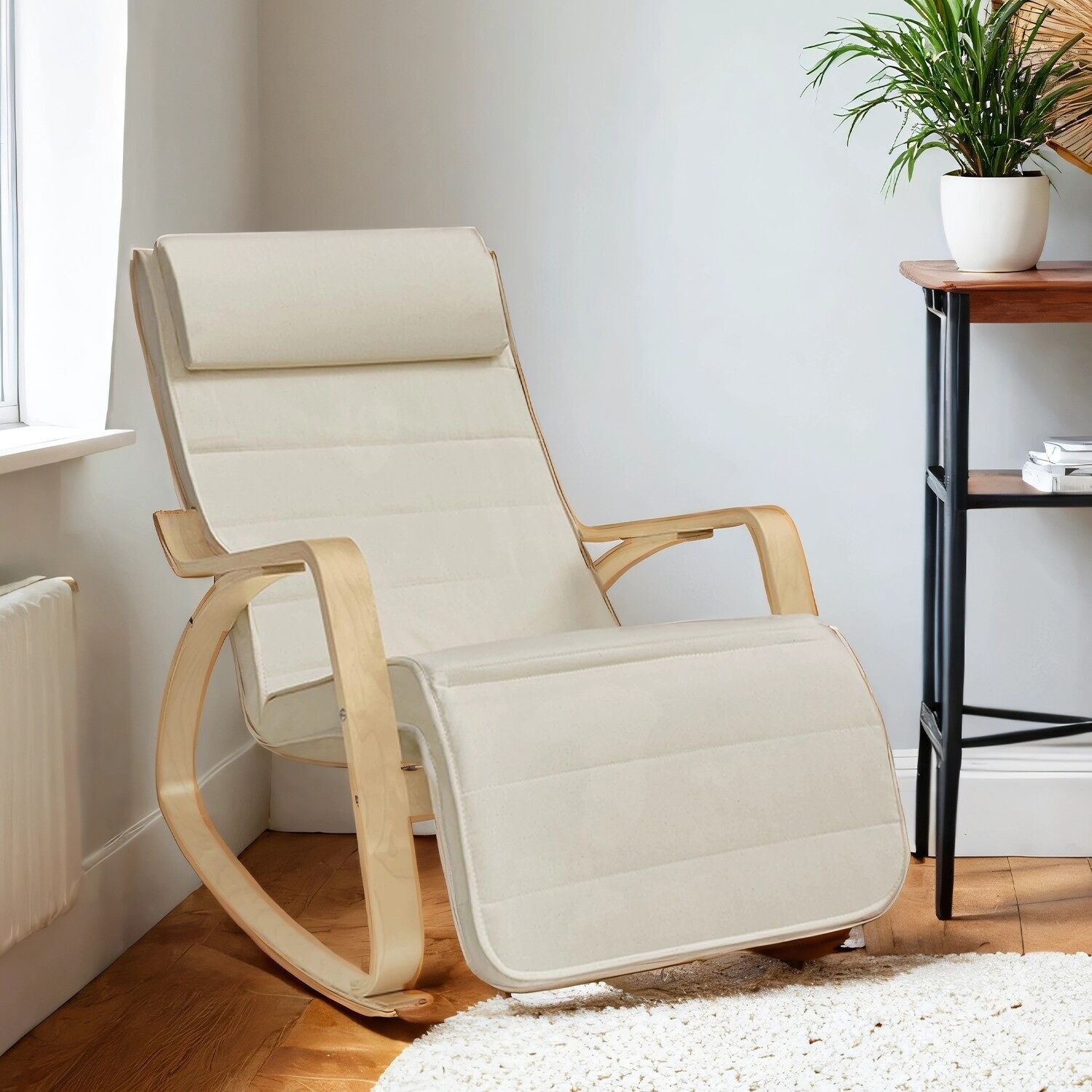 Sedia a dondolo con poggiapiedi regolabili in 5 posizioni, sedia a dondolo con braccioli in legno di betulla, per il soggiorno - 67 x 115 x 91 cm 1