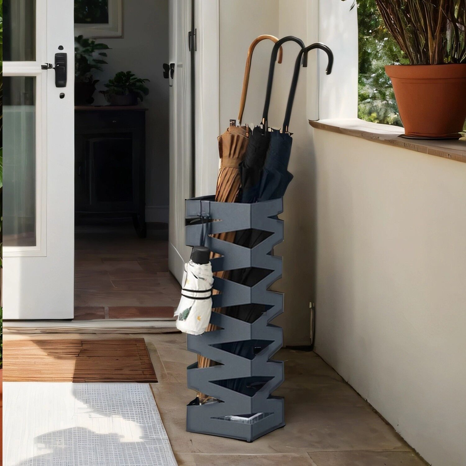 Portaombrelli quadrato, portaombrelli in metallo, con vaschetta raccogli acqua e 4 ganci - 15,5 x 15,5 x 49 cm