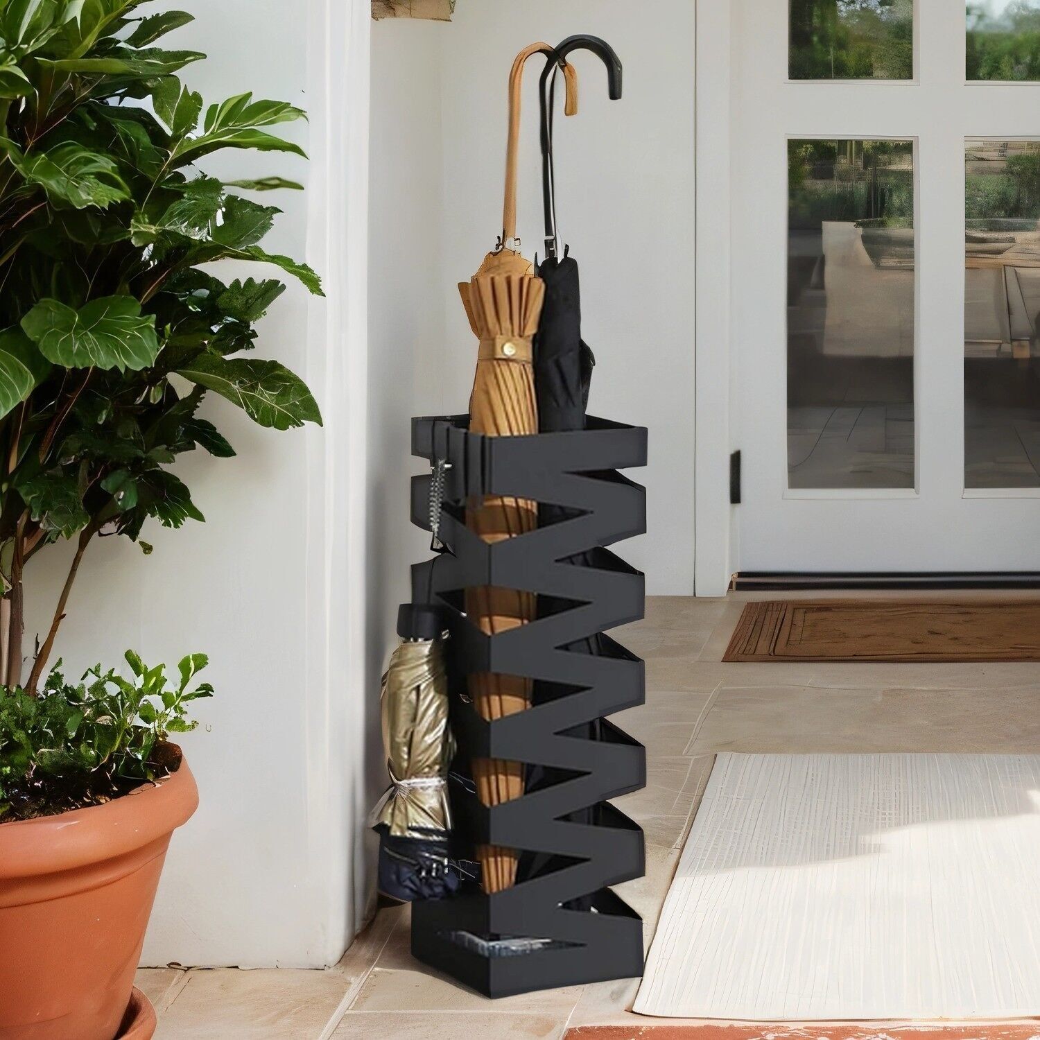 Portaombrelli quadrato, portaombrelli in metallo, con vaschetta raccogli acqua e 4 ganci - 15,5 x 15,5 x 49 cm 1