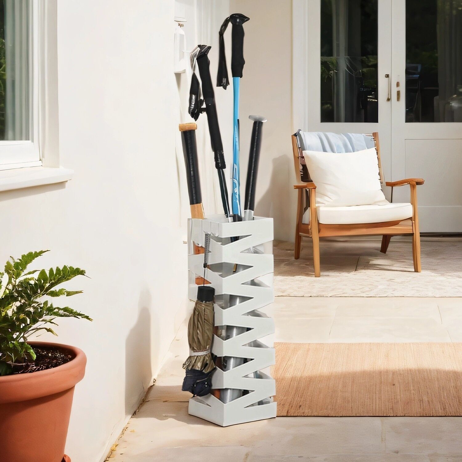 Portaombrelli quadrato, portaombrelli in metallo, con vaschetta raccogli acqua e 4 ganci - 15,5 x 15,5 x 49 cm 2