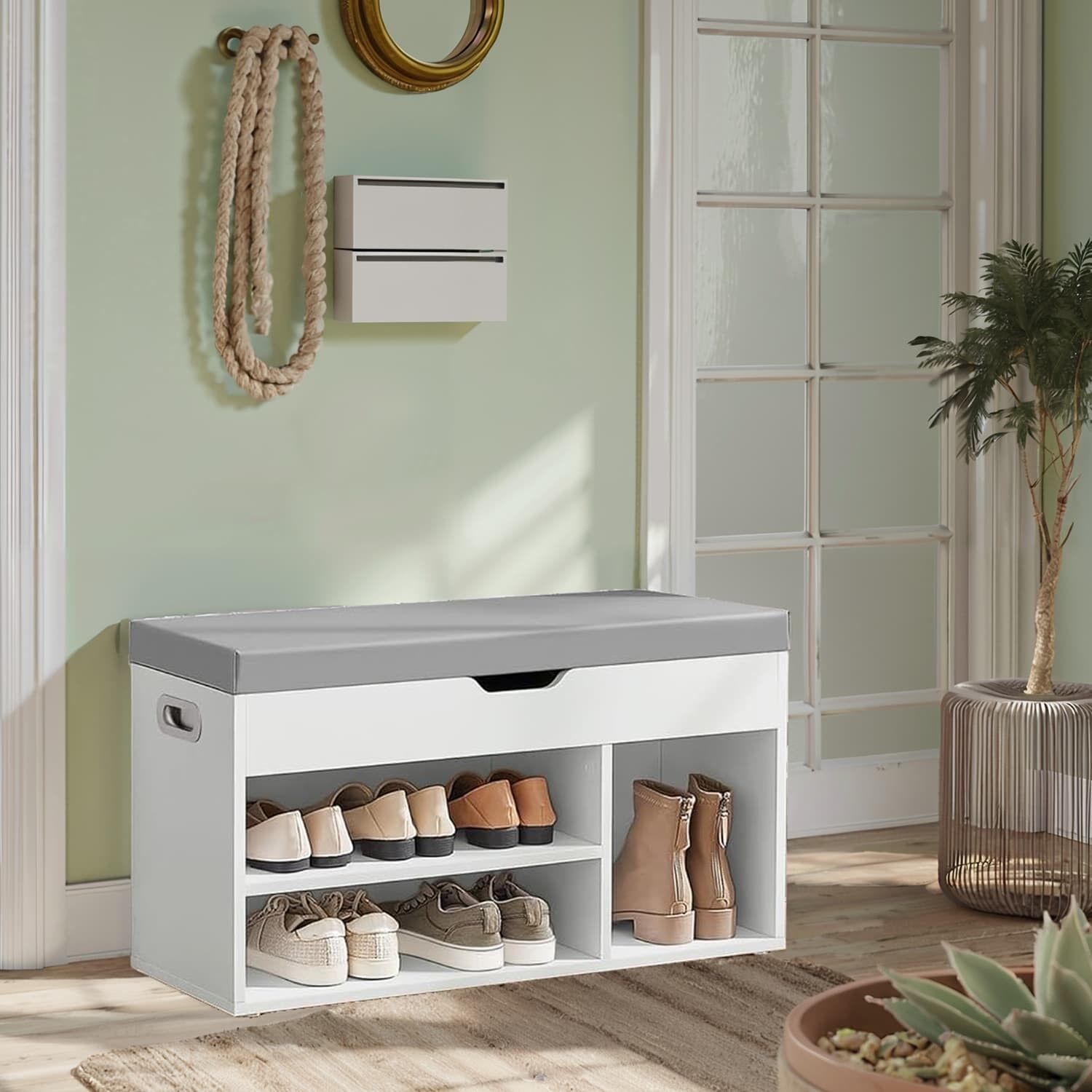 Panca portascarpe con vano portaoggetti, ben imbottita, panca con 3 piedi aperti - 30 x 80 x 44 cm 1