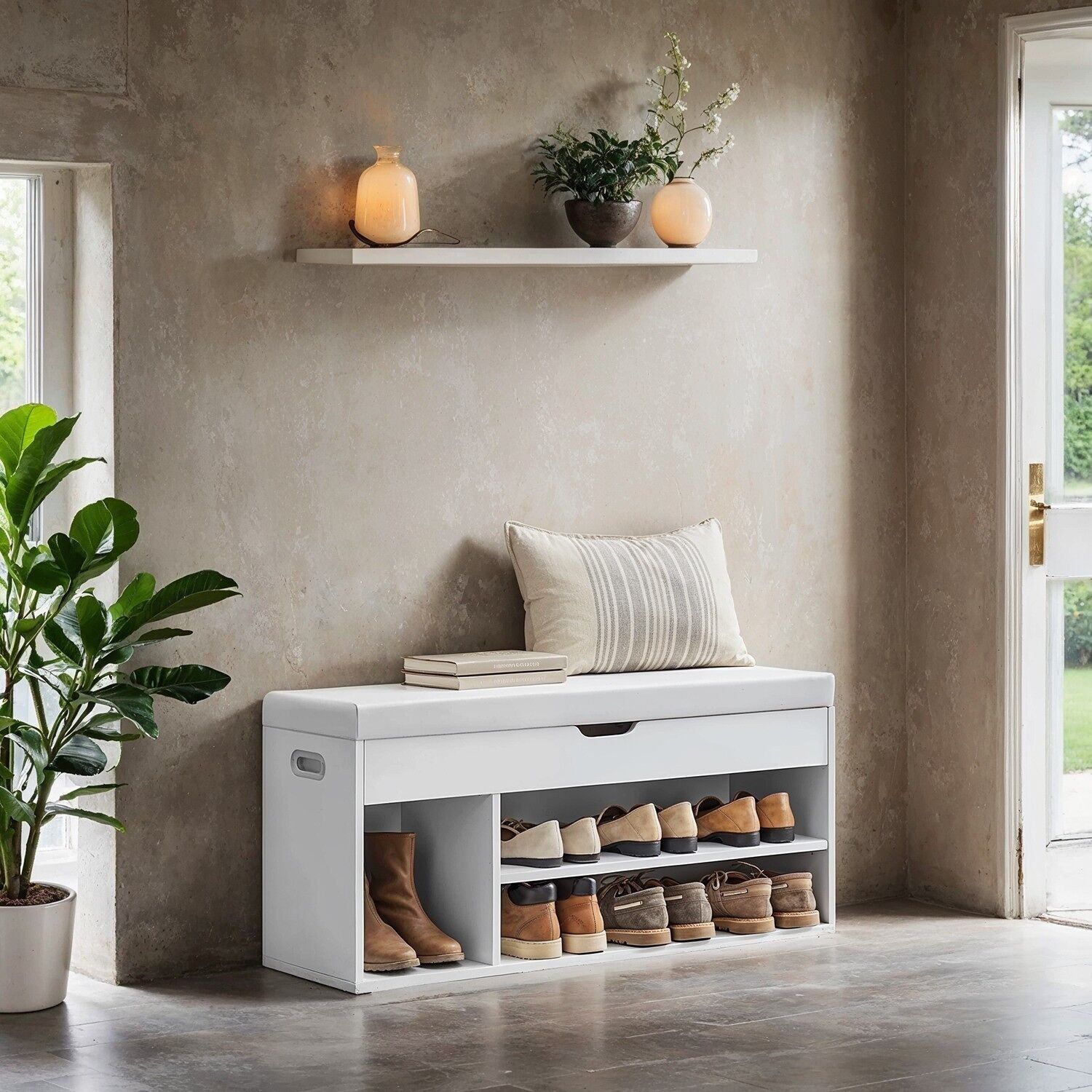 Panca portascarpe, panca con spazio contenitore, imbottita - 30 x 100 x 44 cm