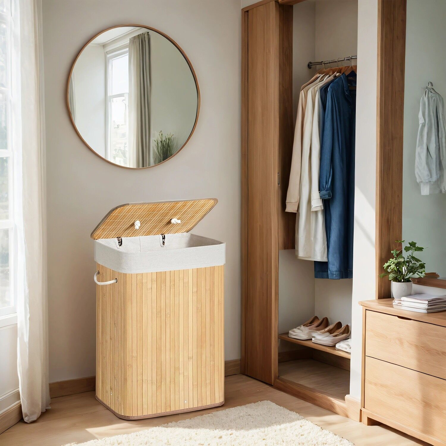 Panier à linge avec couvercle, 72 L, panier à linge en bambou - 40 x 60 x 30 cm