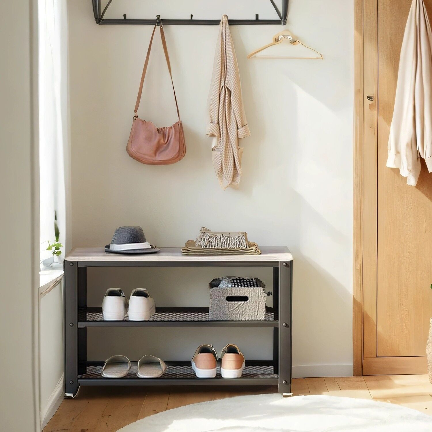 Panca portascarpe con 2 ripiani in rete, portascarpe, 30 x 73 x 45 cm