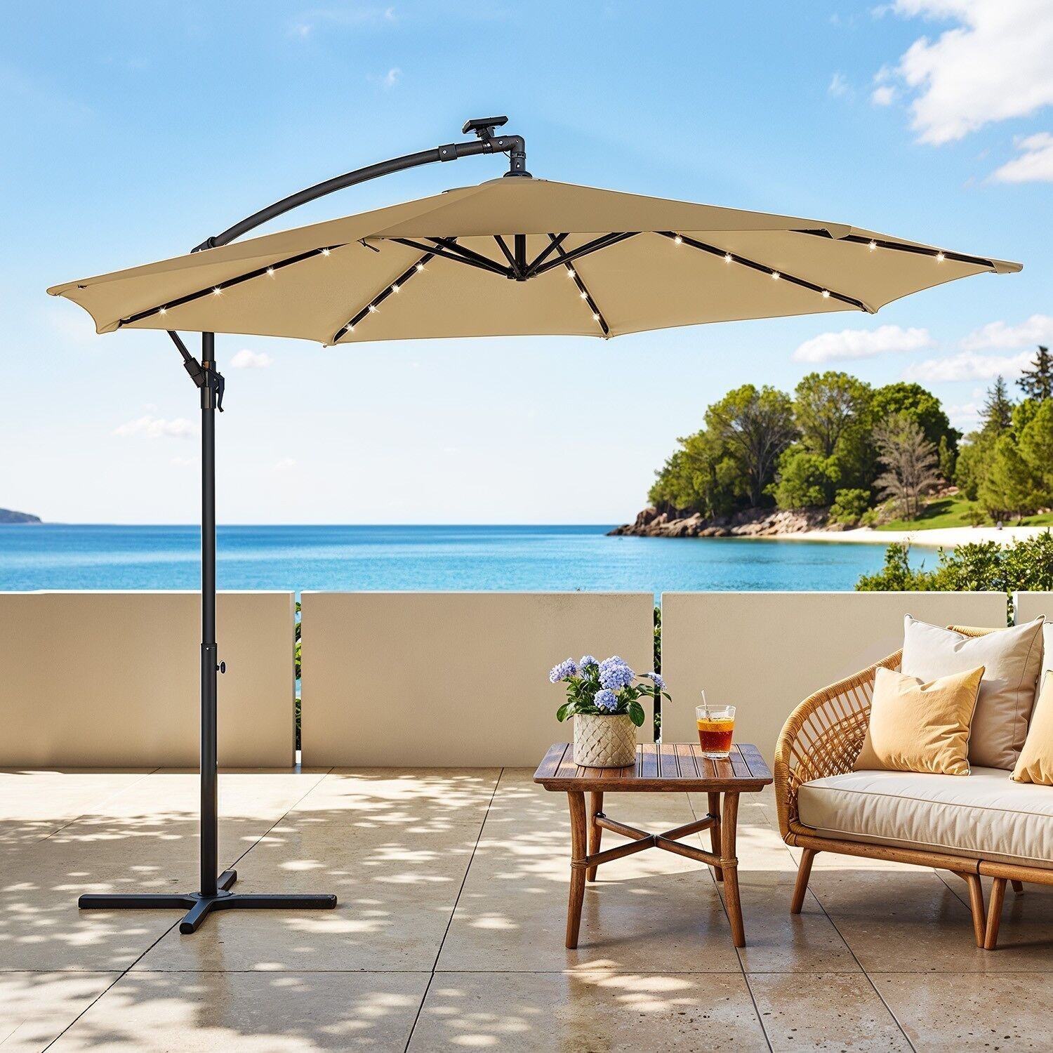 Ombrellone con illuminazione solare a LED, profondità 300 cm, 32 luci a LED