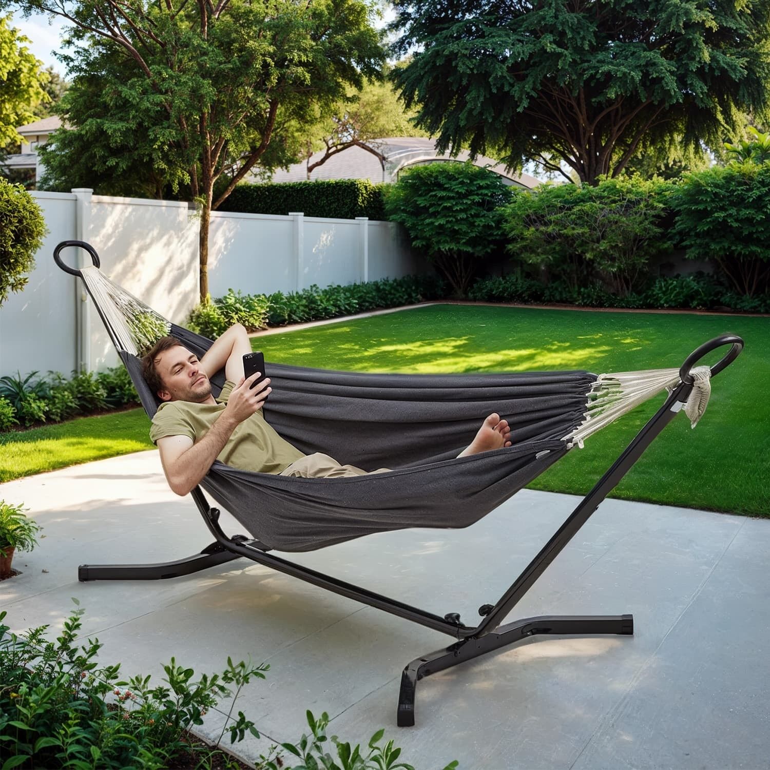 Amaca con struttura, 210 x 150 cm, amaca doppia con regolazione dell'altezza in 5 posizioni