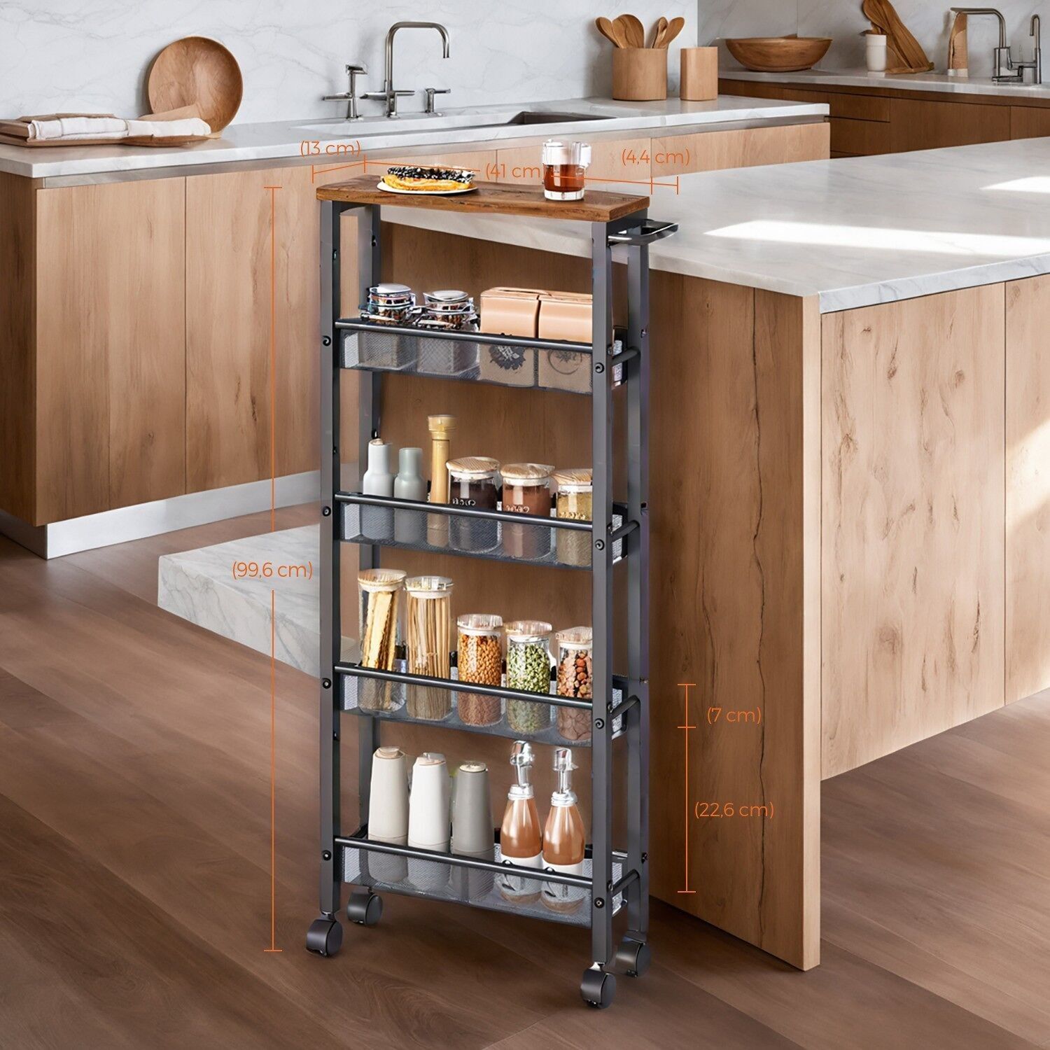 Carrello da cucina a 5 ripiani, ripiano stretto su ruote - 13 x 45,4 x 99,6 cm
