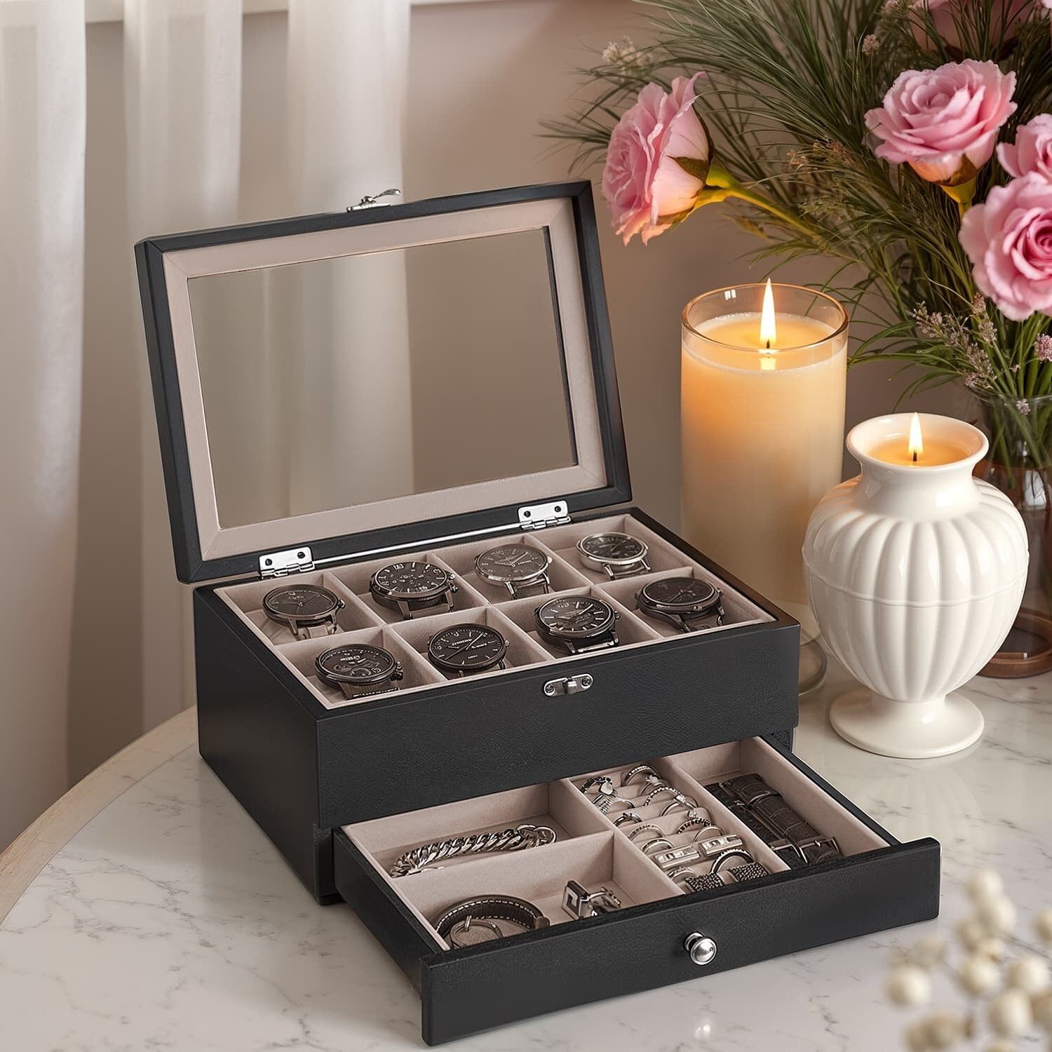 Watch box with 8 compartments, watch box made of solid wood, with glass lid - 19 x 27 x 12.5 cm