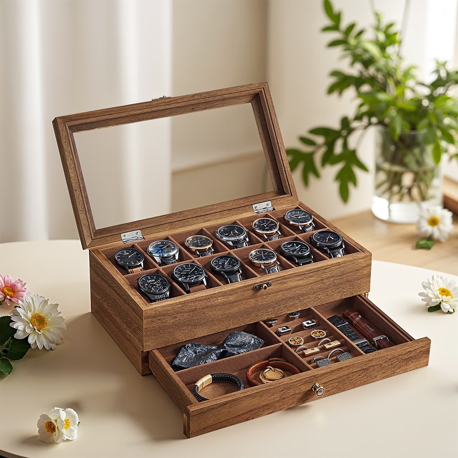 Watch box with 12 compartments, watch box made of solid wood, with glass lid - 19 x 34 x 12.5 cm