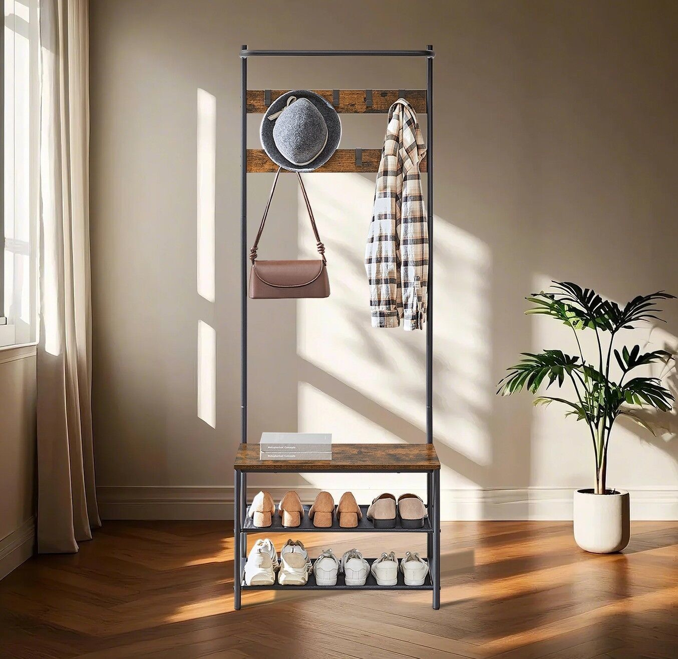 Appendiabiti, appendiabiti con panca portascarpe, appendiabiti - 32,2 x 64 x 180 cm