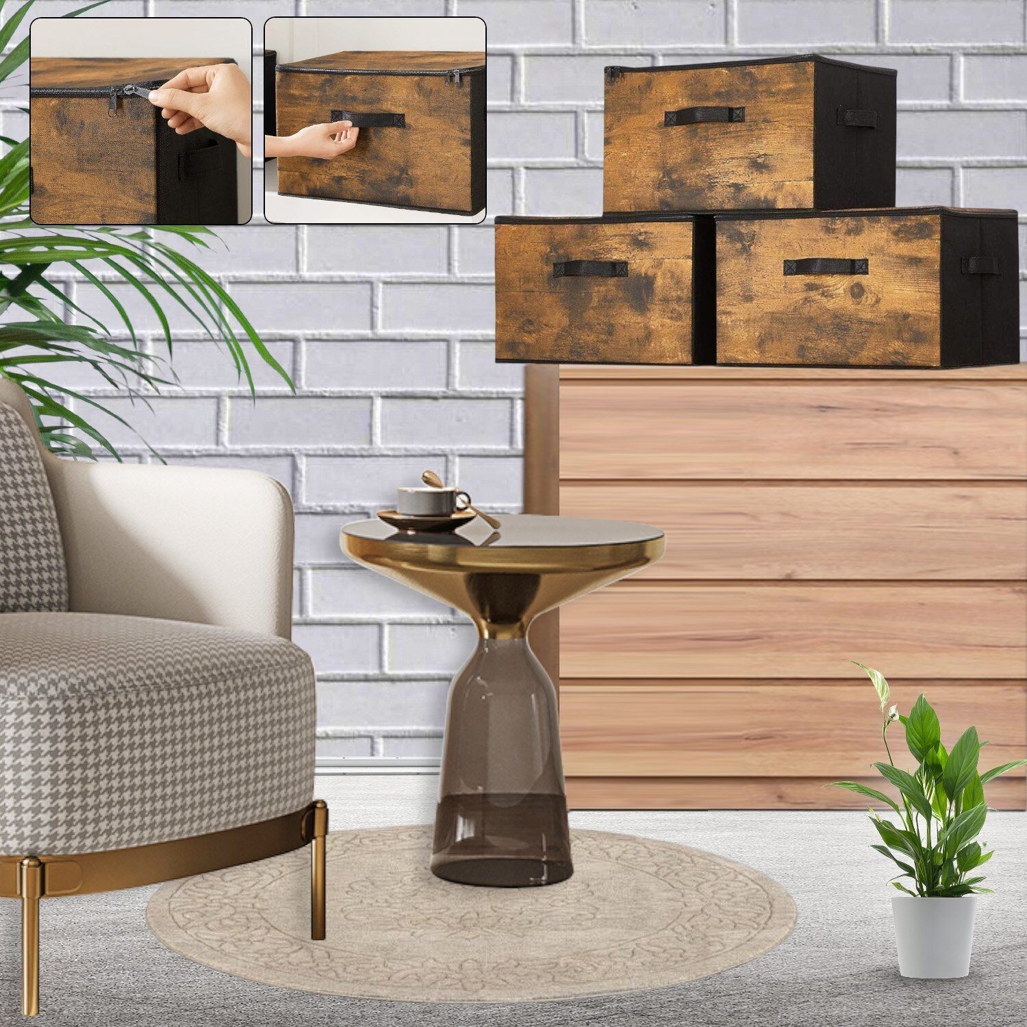 Scatola portaoggetti con coperchio, set da 3, contenitore per la polvere pieghevole con maniglia per il trasporto - 40 x 30 x 25 cm