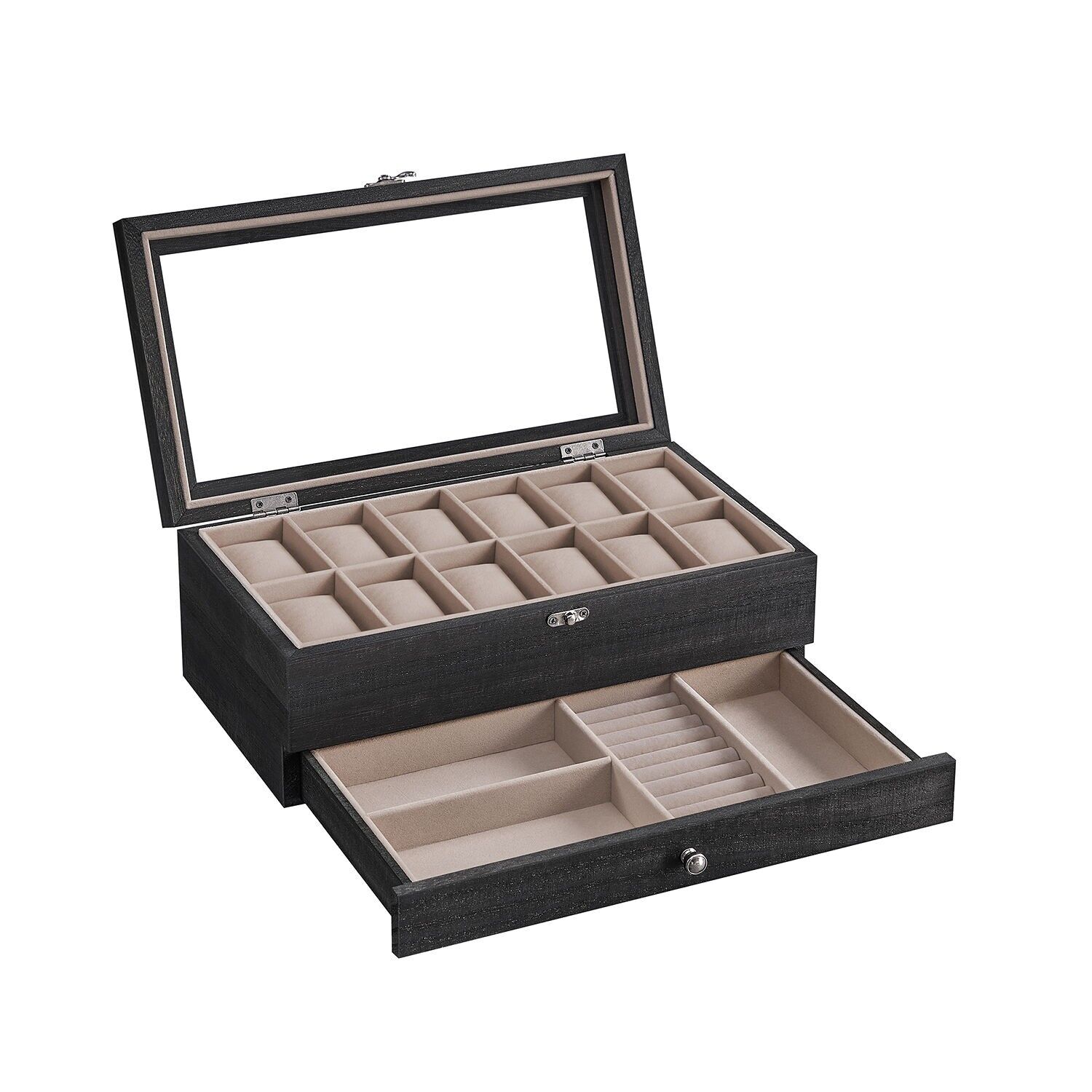 Watch box with 12 compartments made of solid wood with glass lid, gift idea - 19 x 34 x 12.5 cm 1