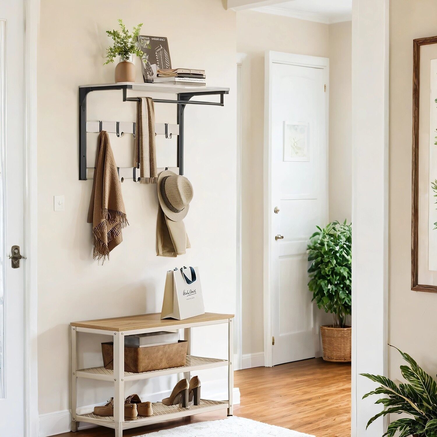 Appendiabiti da parete, con ripiano, barra a parete con 10 ganci estraibili - 30 x 65 x 42 cm 3